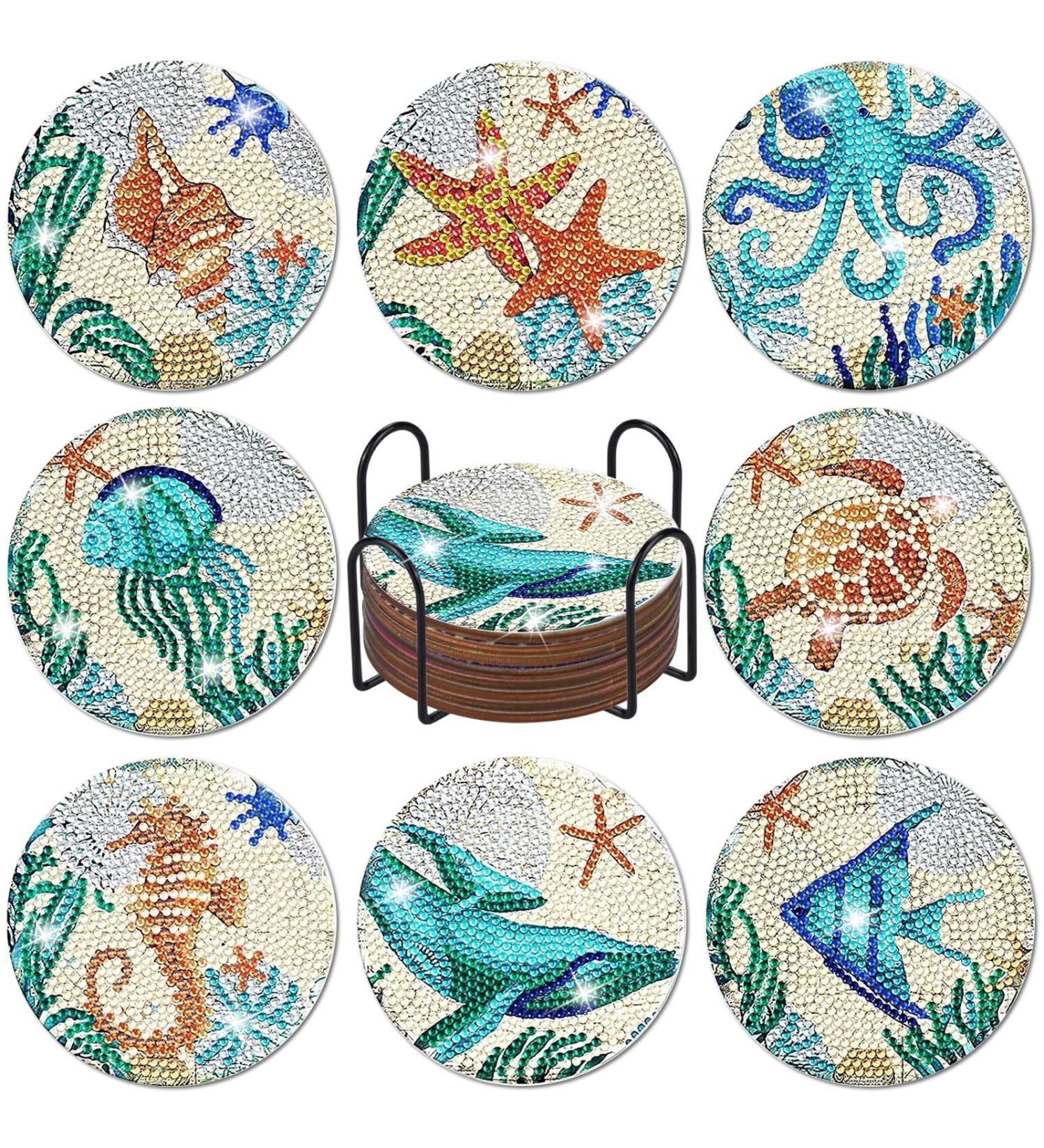 Finphoon Diamond Painting Coasters Kit with Holder - 8 Pcs Ocean Art DIY Kit for Adults & Kids - Blue Diamond Painting Art Set - Buy Online on GoSupps.com
