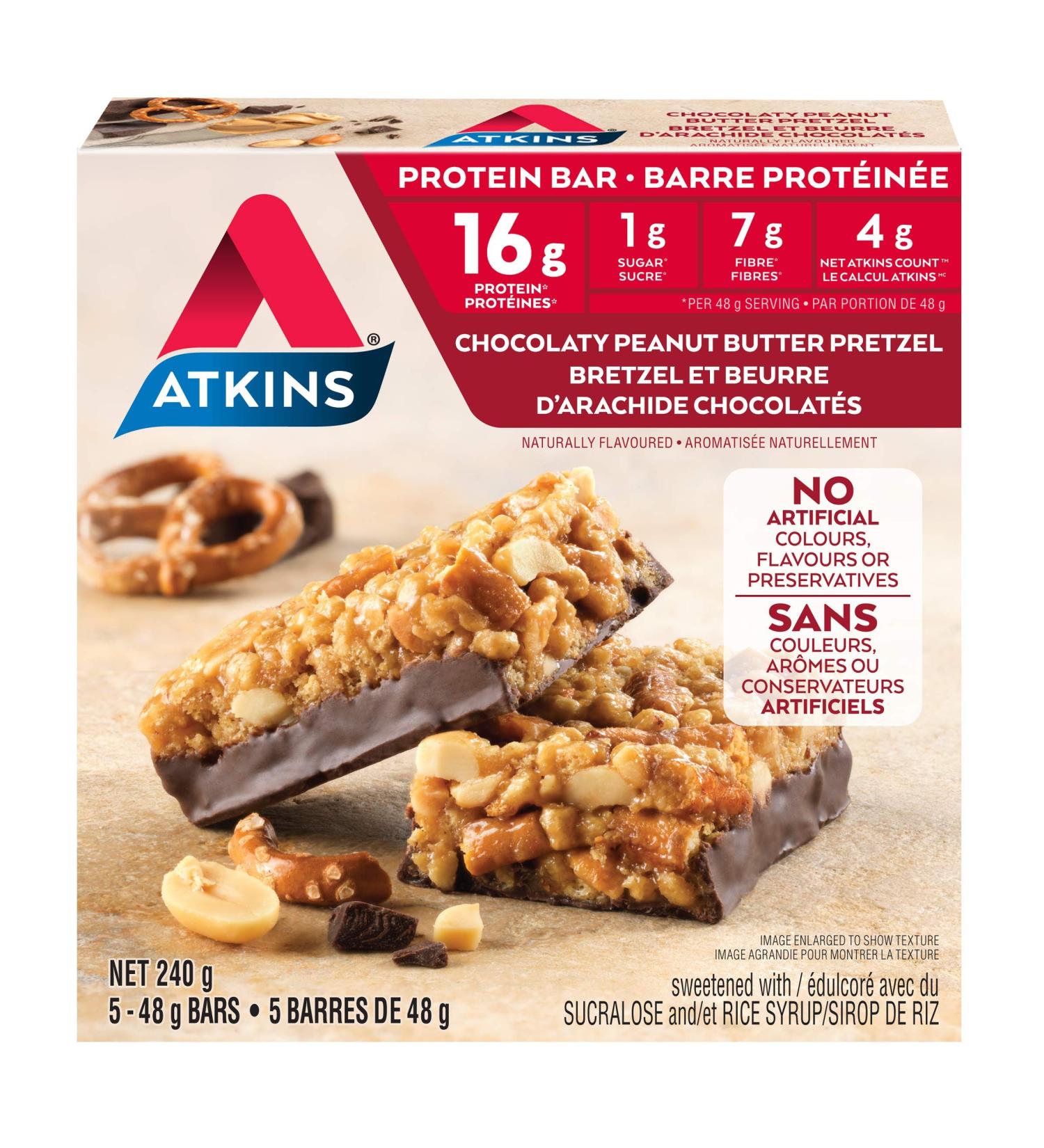 Atkins Protein Bars - Chocolaty Peanut Butter Pretzel Low Sugar Keto Friendly High Protein High Fibre 1g Sugar 4g Carbs 5ct - Buy Online on GoSupps.com