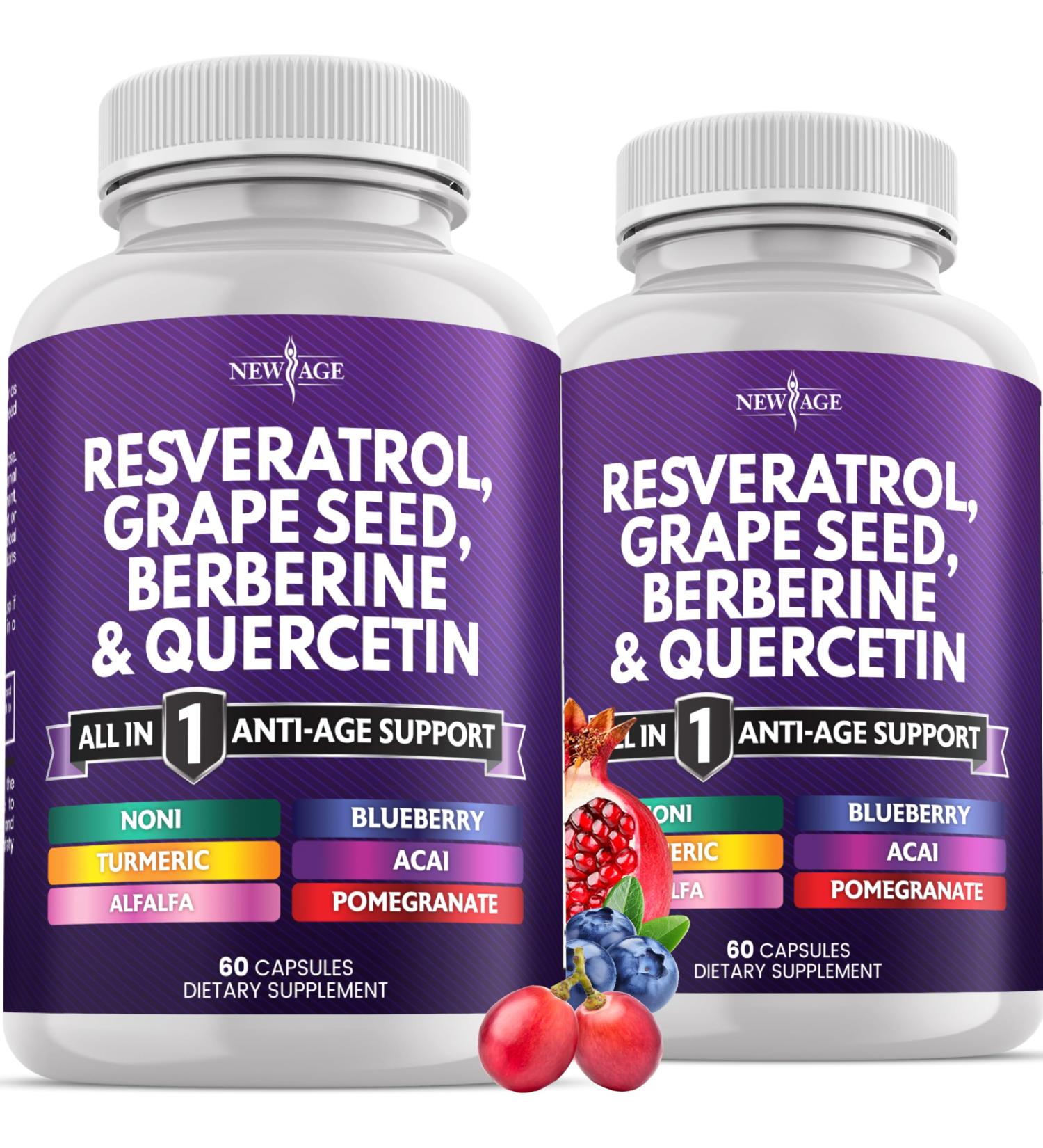 NEW AGE Resveratrol Berberine Grape Seed Extract Quercetin Supplement for Women and Men with Noni N-Acetyl Cysteine Acai - 120 Capsules 120 Count (Pack of 1) - Buy Online on GoSupps.com
