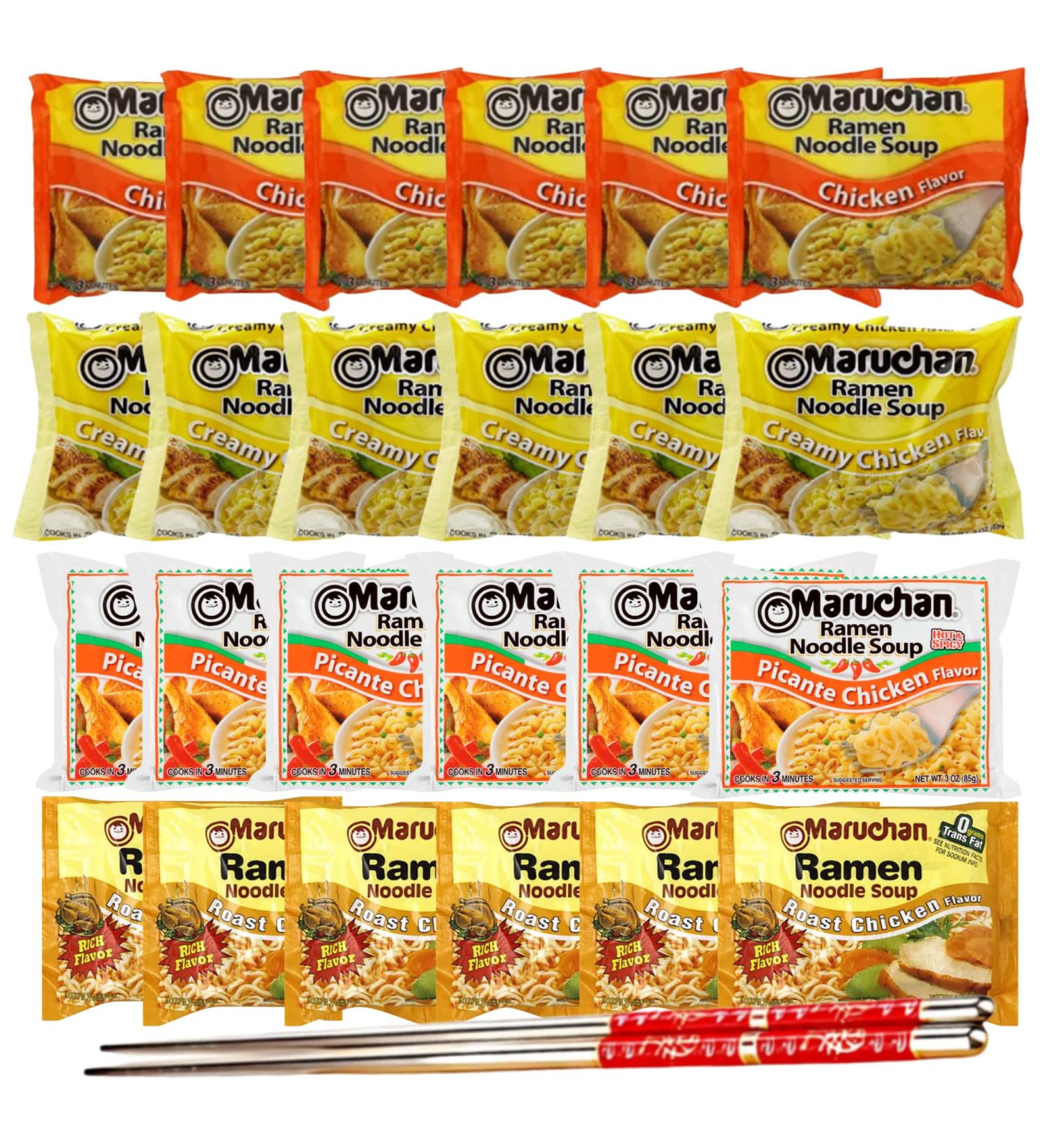 Ja Cor Instant Ramen Noodles Soup Variety Pack (6) Chicken (6) Creamy Chicken (6) Roast Chicken (6) Picante Chicken Flavor 3 oz Bundle with 1-Set Reusable Stainless Steel Chopsticks(Pack of 24) - Buy Online on GoSupps.com