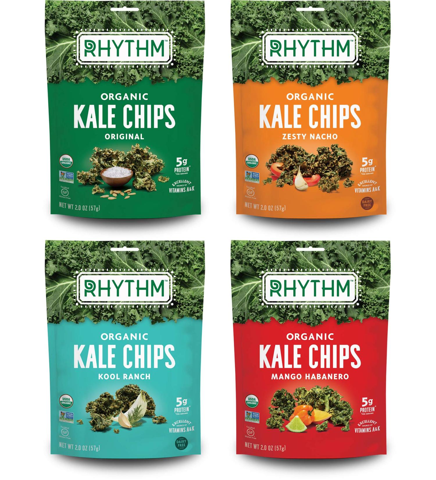 Rhythm Superfoods Kale Chips Variety Pack - Original, Zesty Nacho, Kool Ranch, Mango Habanero - 2.0 Oz (Pack of 4) - Organic, Non-GMO, Vegan, Gluten-Free Superfood Snacks - Buy Online on GoSupps.com