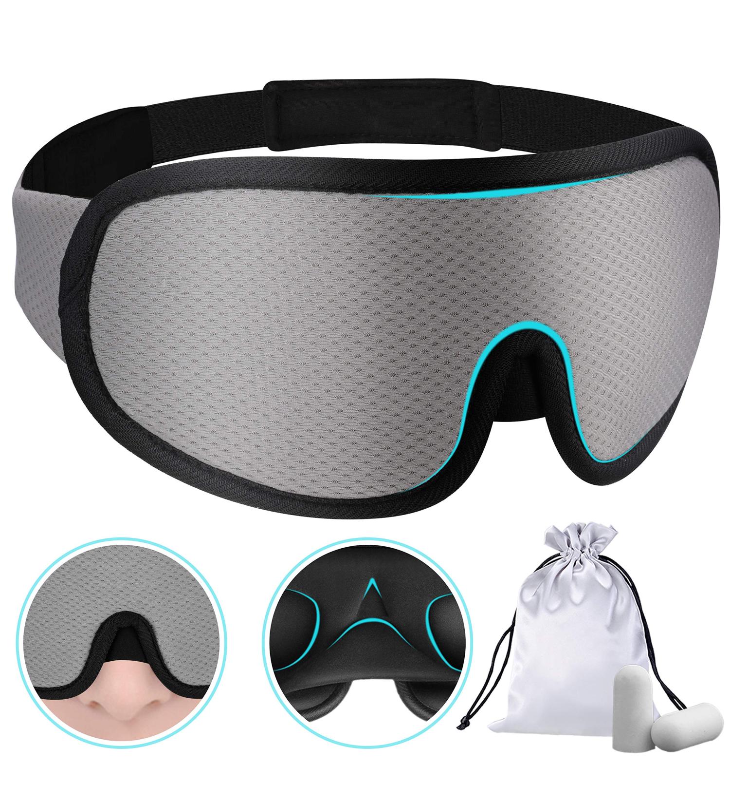 PrettyCare 3D Contoured Sleep Mask - Blockout Light Eye Cover with Earplugs and Travel Bag - Gray Night Eyeshade - Buy Online on GoSupps.com