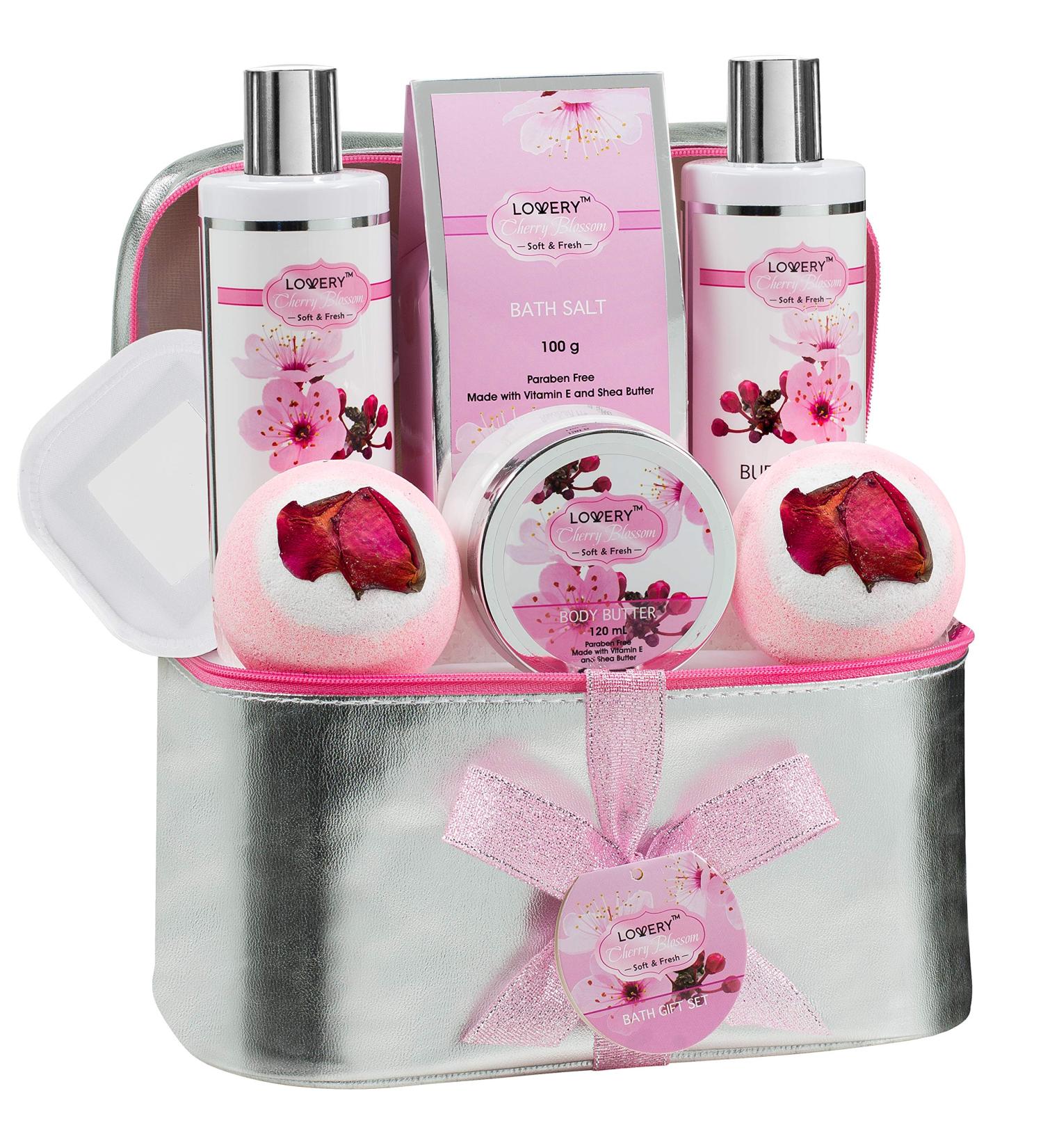 Cherry Blossom Spa Gift Basket Set for Women - Luxury Bath and Body Set with Lotions, Bath Bombs, Mirror, Travel Bag - Perfect Christmas Gift - Buy Online on GoSupps.com