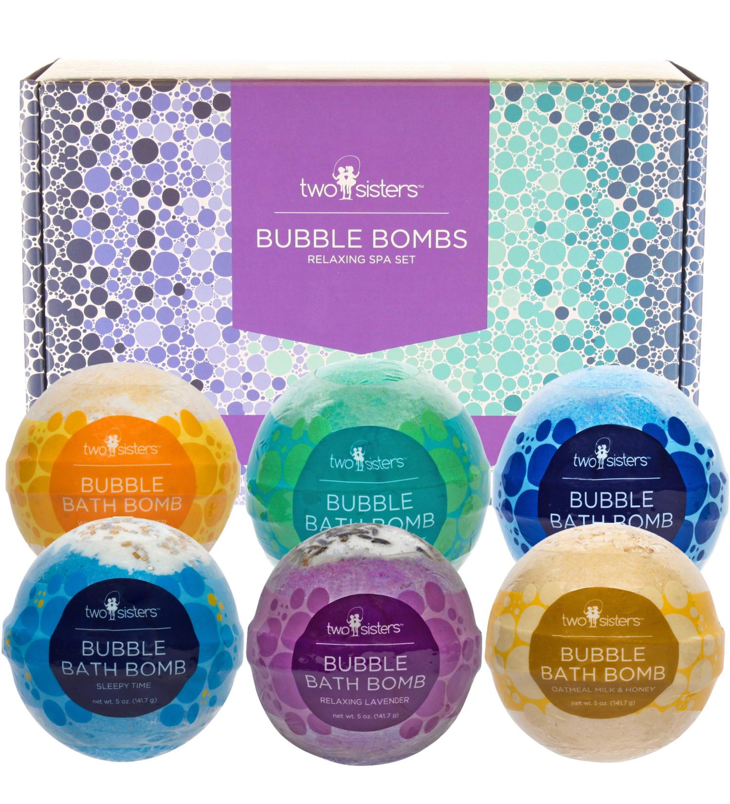 Two Sisters Spa 6 Relaxing Bubble Bath Bombs - 5oz Large Fizzies for Women, Teens & Kids. Lavender Eucalyptus Variety Pack - Moisturizing, Colorful, Aromatic & Bubbly - Buy Online on GoSupps.com