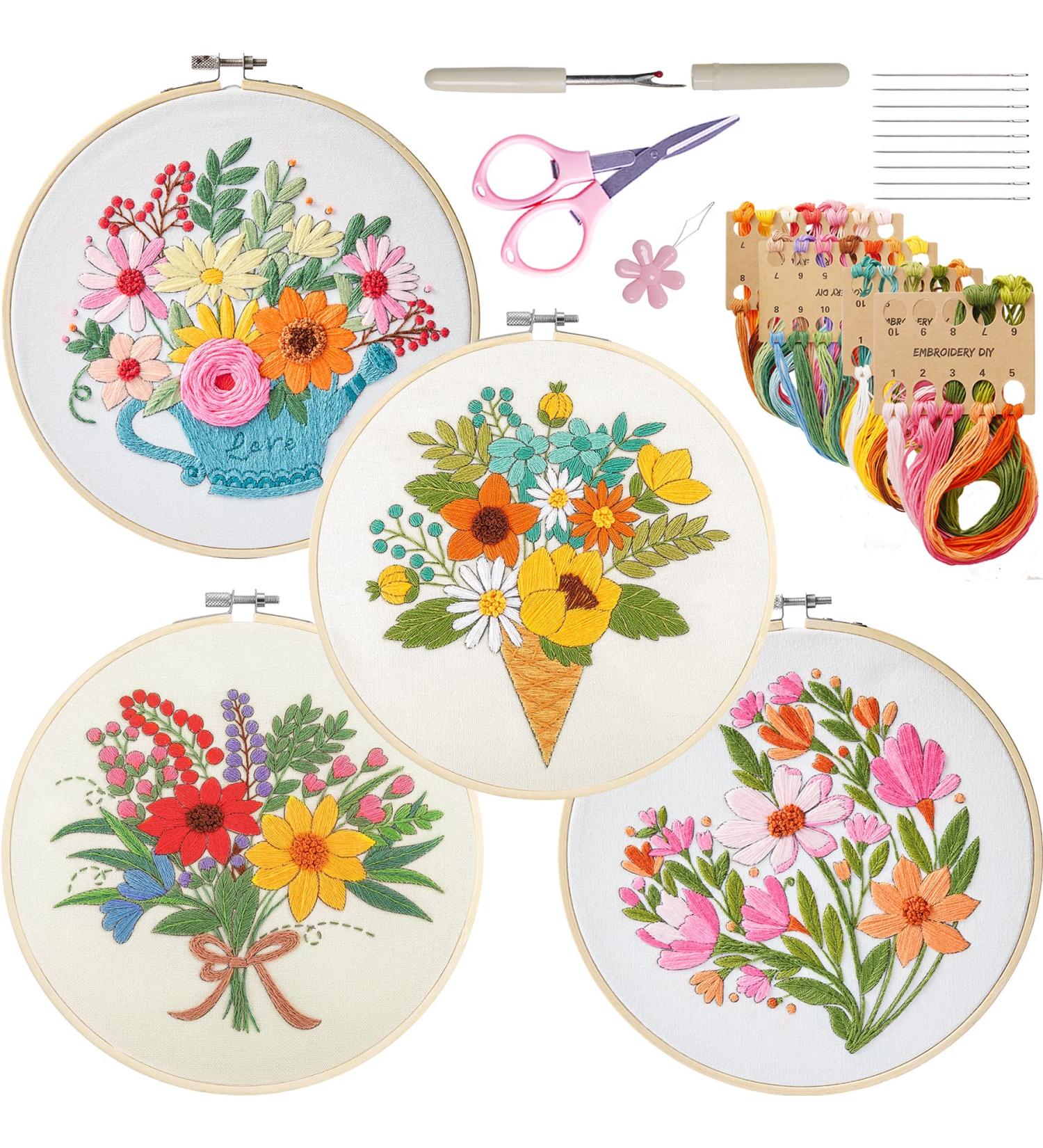 Fanryn 4 Pack Embroidery Kit for Beginners - Floral Cross Stitch DIY Set with Hoops, Threads, Needles, and Instructions - Buy Online on GoSupps.com