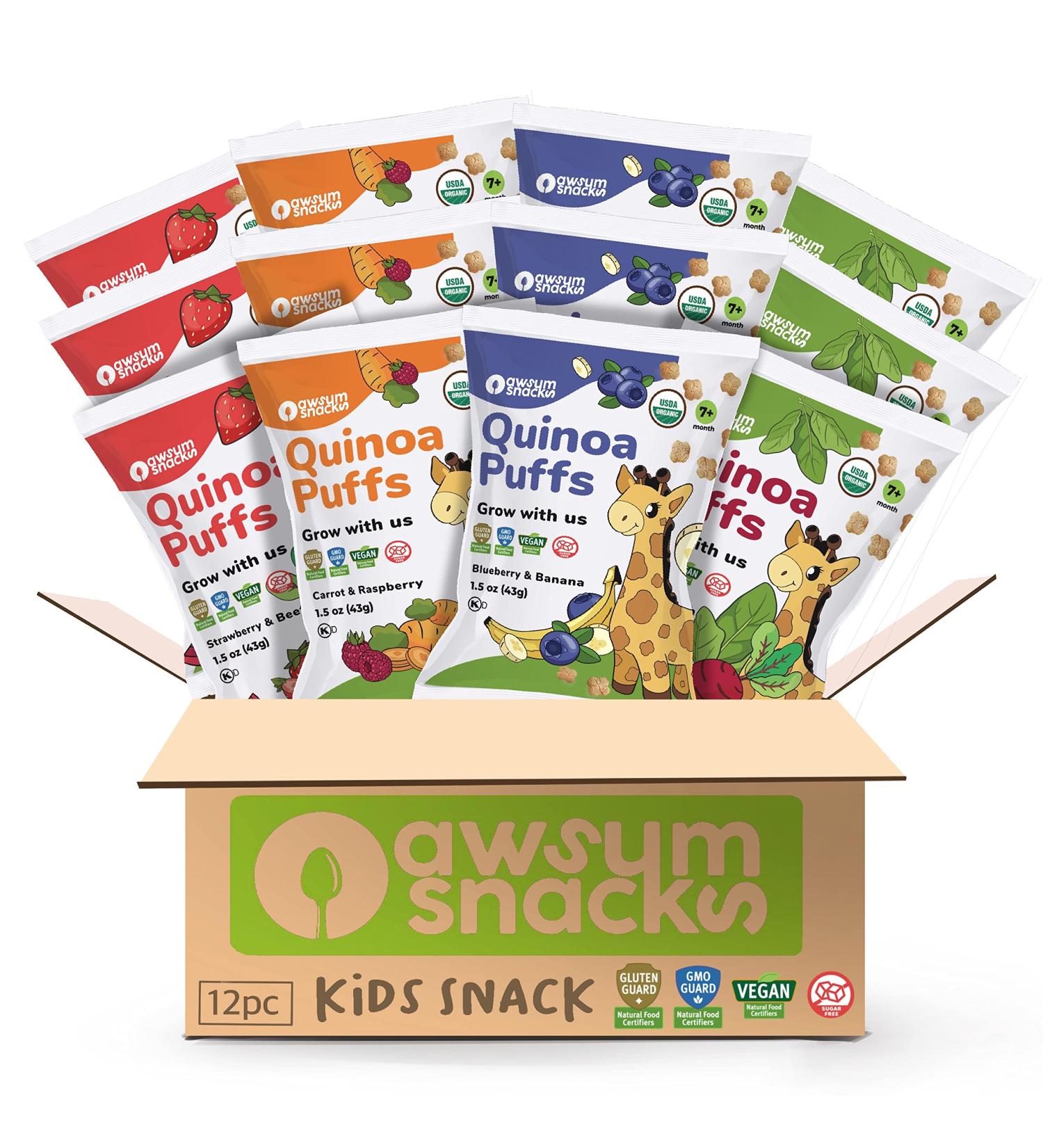 Awsum Snacks Quinoa Baby Puffs - USDA Organic Vegan Gluten Free Cereal for Kids - 18 Ounce Variety Pack - Buy Online on GoSupps.com