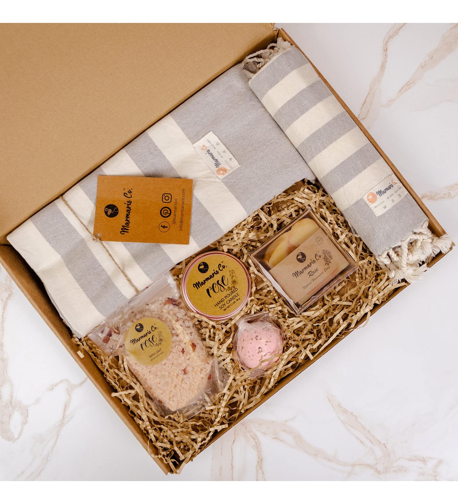 Rose Spa Gift Set for Women - Turkish Towels, Candle, Soap, Bath Salt & Bomb - Luxurious Self-Care Kit - Buy Online on GoSupps.com