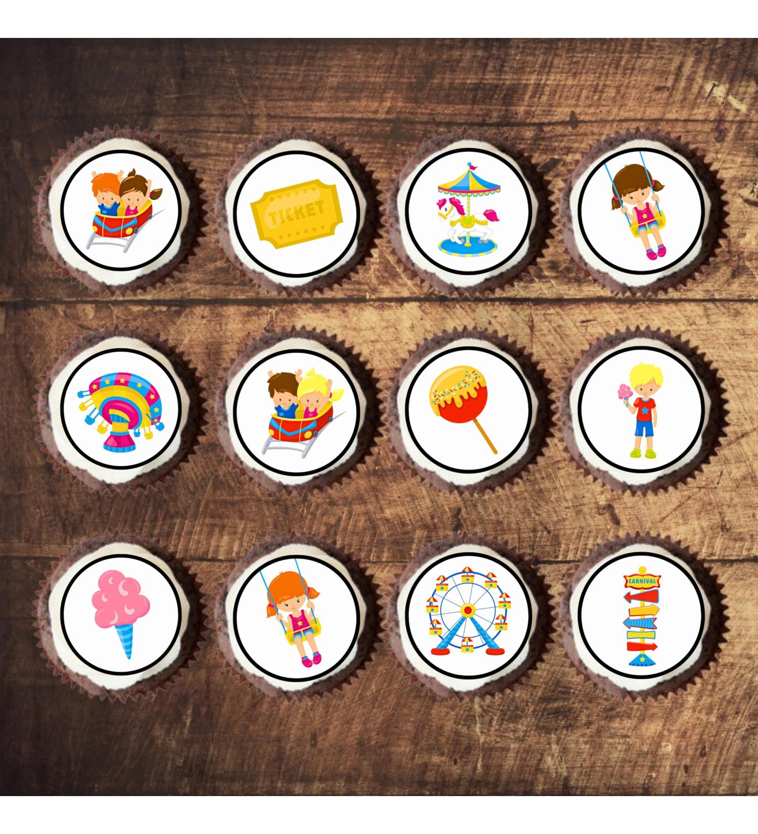 24 Fun Fair Carnival Theme Edible Cupcake Toppers - Stand Up Disc Wafer Cake Decorations - Buy Online on GoSupps.com