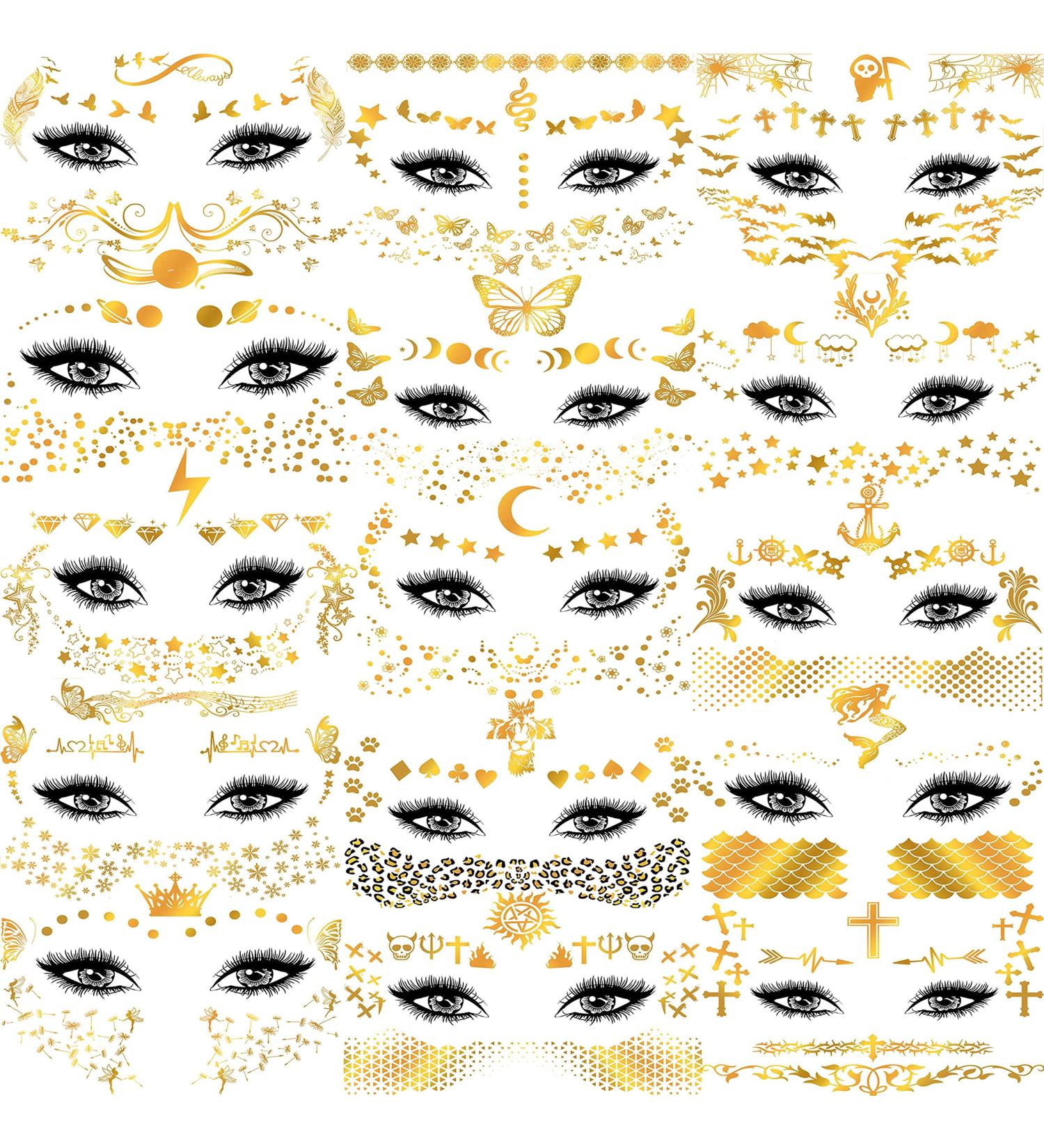 COKTAK 15 Sheets Gold Face Tattoos - Shiny Flash Glitter Eye Stickers for Women, Girls, and Kids - Halloween Face Jewels Moon Gems Dots Butterfly Star Fake Freckle Metallic Temporary Tattoo for Adults - Makeup Party - Buy Online on GoSupps.com