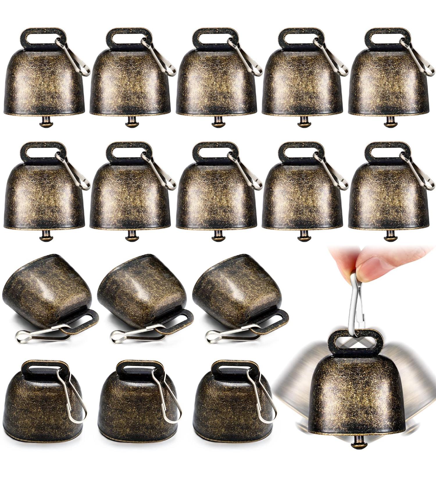 Zhengmy 16 Pcs Cow Bells Bass Bells with Spring Hooks - Loud Bronze Bell Iron Bells for Farm Animals - Noisemaker Call Bells for Craft Decor - Buy Online on GoSupps.com