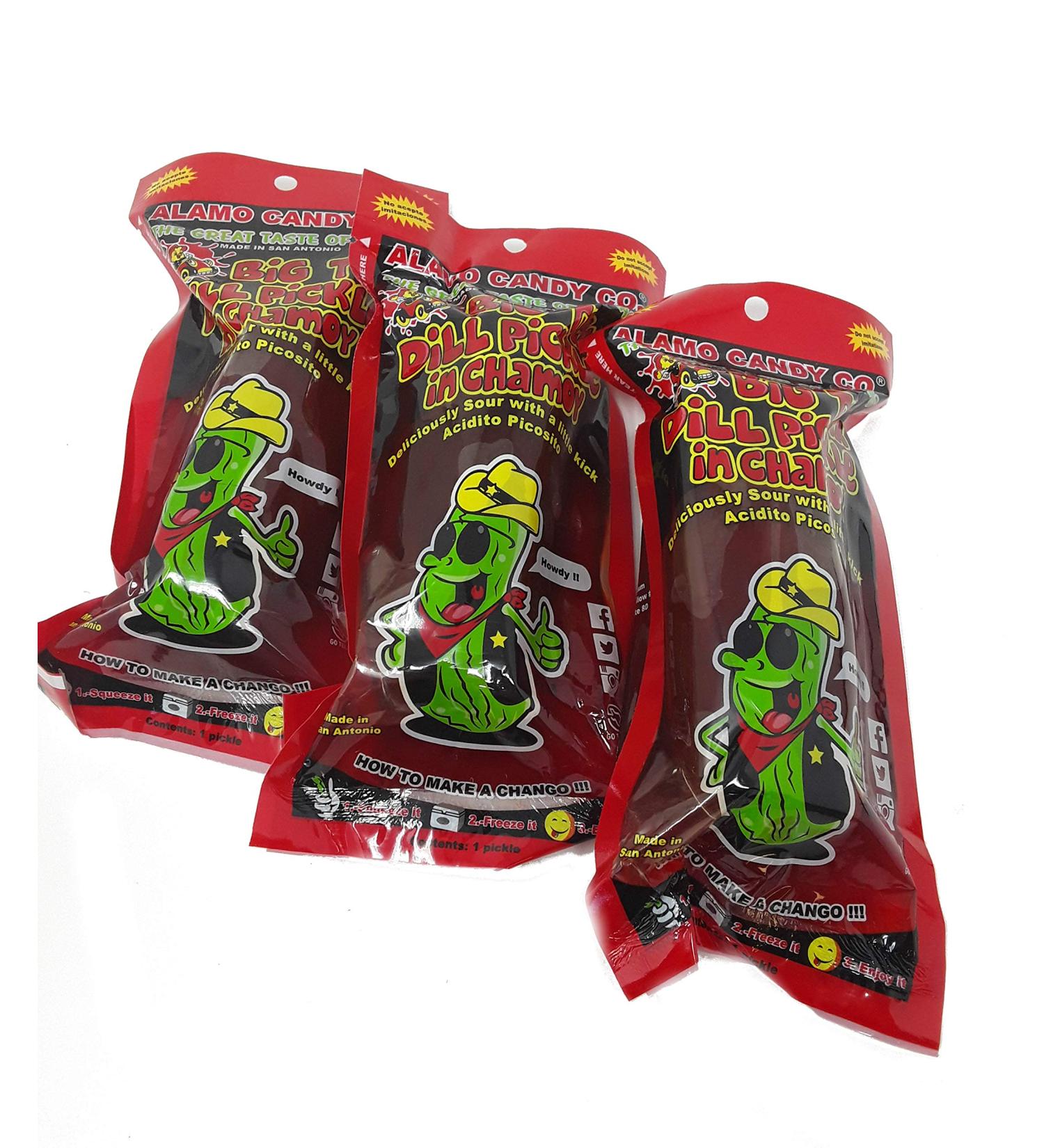Alamo Candy Big Tex Dill Pickle In Chamoy - Three Pickles - Individually Wrapped - Made In San Antonio, Texas - Large Pickles 1 Ounce (Pack of 3)