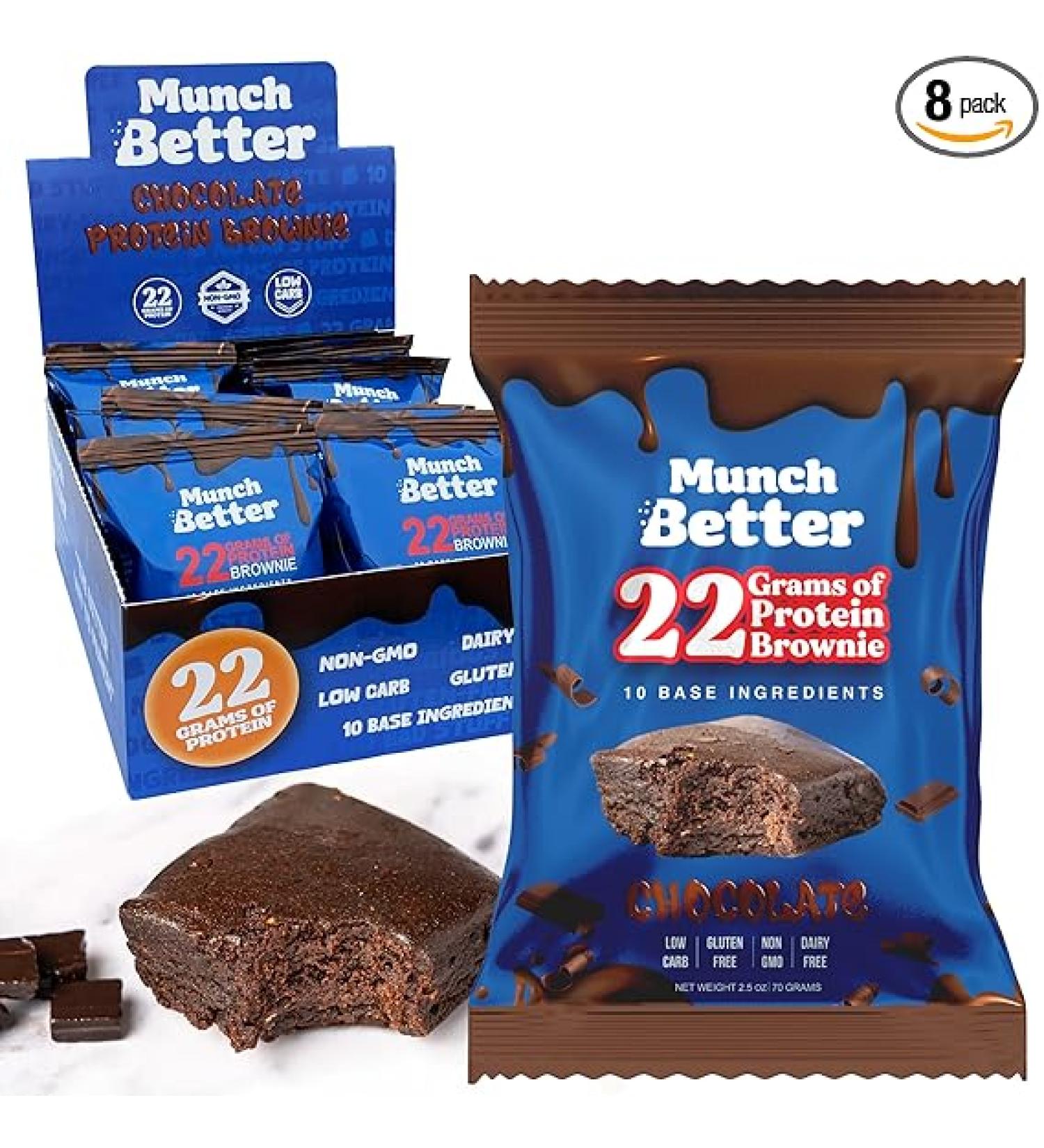 Munch Better 22g Protein Brownie Gluten Free Dairy Free10g Collagen Non GMO High Protein Bar Chocolate Fudge Texture - 8 Count Box (Chocolate) - Buy Online on GoSupps.com