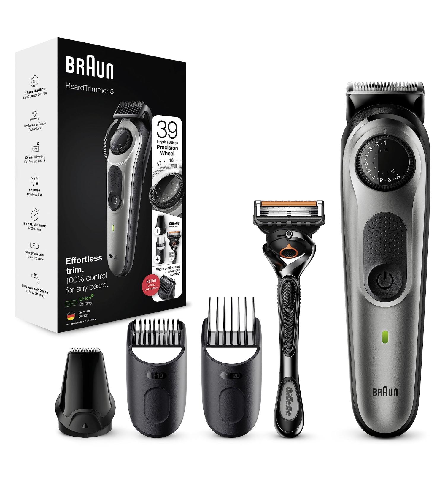 Braun Beard Trimmer Series 5 & Hair Clippers with Gillette Fusion5 ProGlide Razor 39 Length Settings UK 2 Pin Plug BT5260 Black/Silver - Buy Online on GoSupps.com