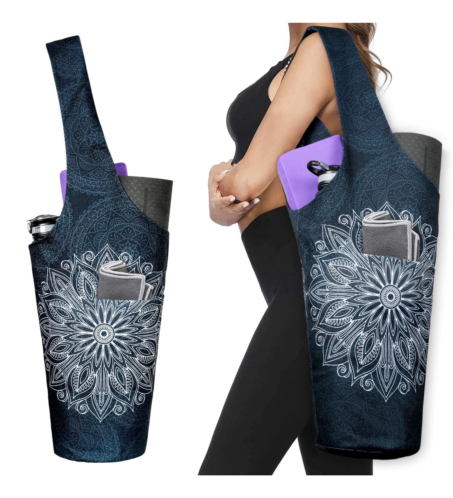 Fashion Printed Yoga Mat Bag with Large Side Pocket - Mandala Black | Fits Most Size Mats | Zipper Pocket Long Tote Yoga Bag - 37 x 15.5 - Buy Online on GoSupps.com