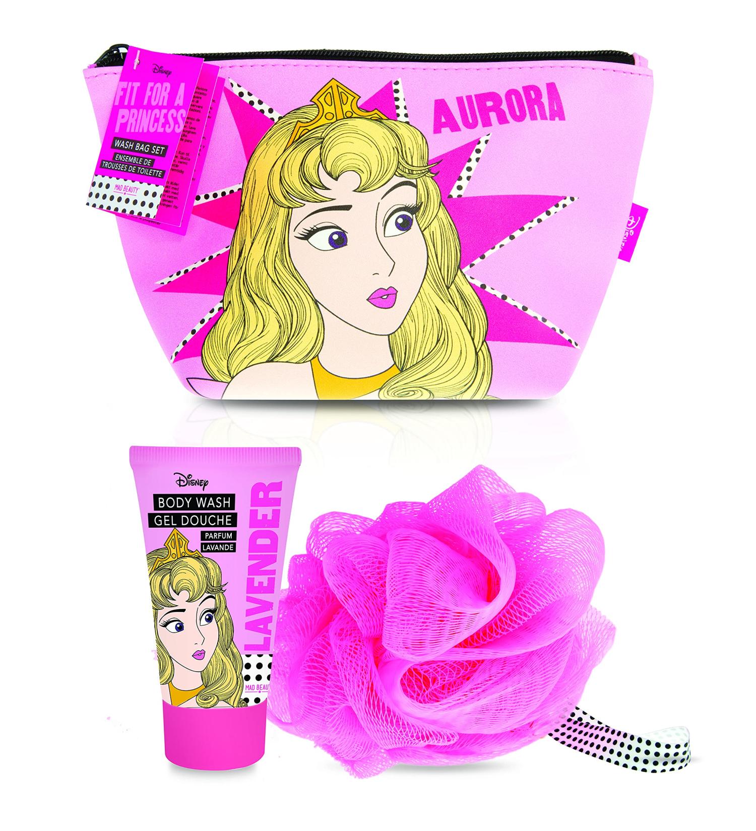 MAD Beauty Disney Princess Sleeping Beauty Aurora Wash Bag Set | Body Wash Loofah Cosmetic Bag | Novelty Beauty Cosmetic and Skincare Gifts for Women Adults and Kids
