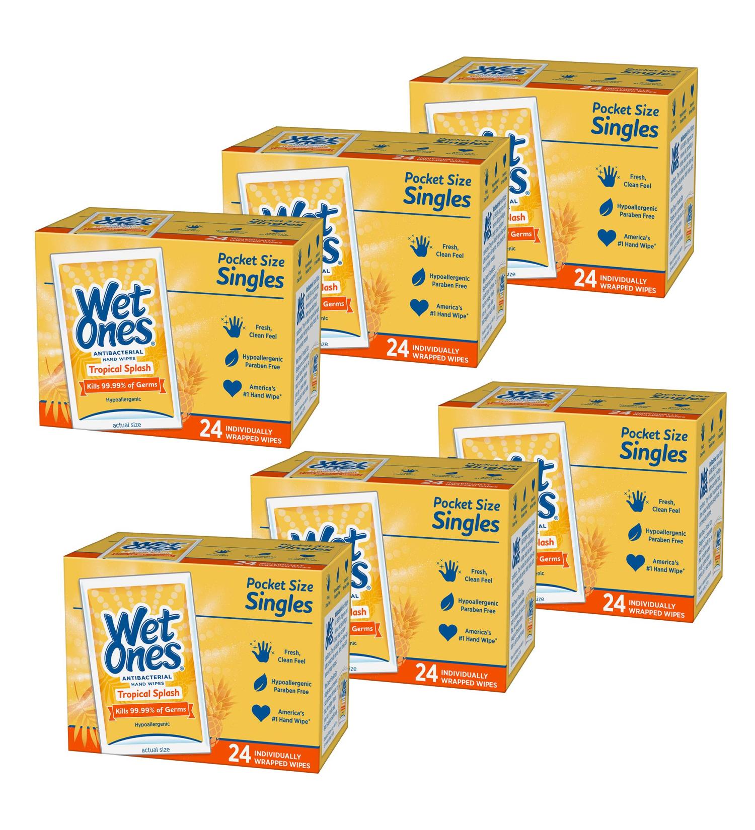 Wet Ones Antibacterial Hand Wipes Tropical Splash Scent Singles - 24 Count (Pack of 6) - Convenient On-the-Go Cleaning - 144 Total Wipes - Buy Online on GoSupps.com