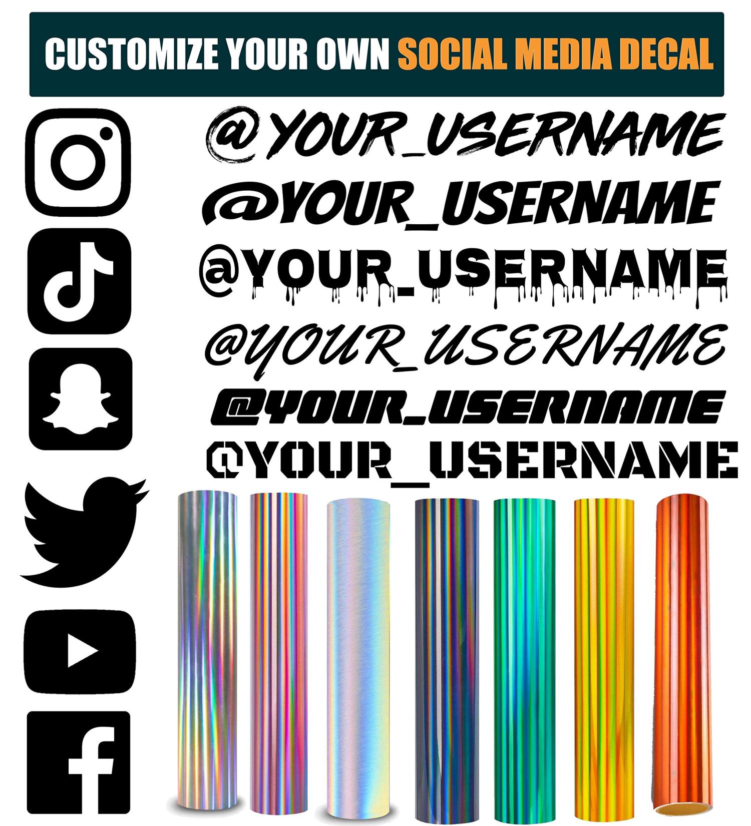 Holographic Custom Social Media Decal Stickers - Personalized with Name, Username, Logo, and Brand - Vinyl Decals by VulgrCo - Buy Online on GoSupps.com