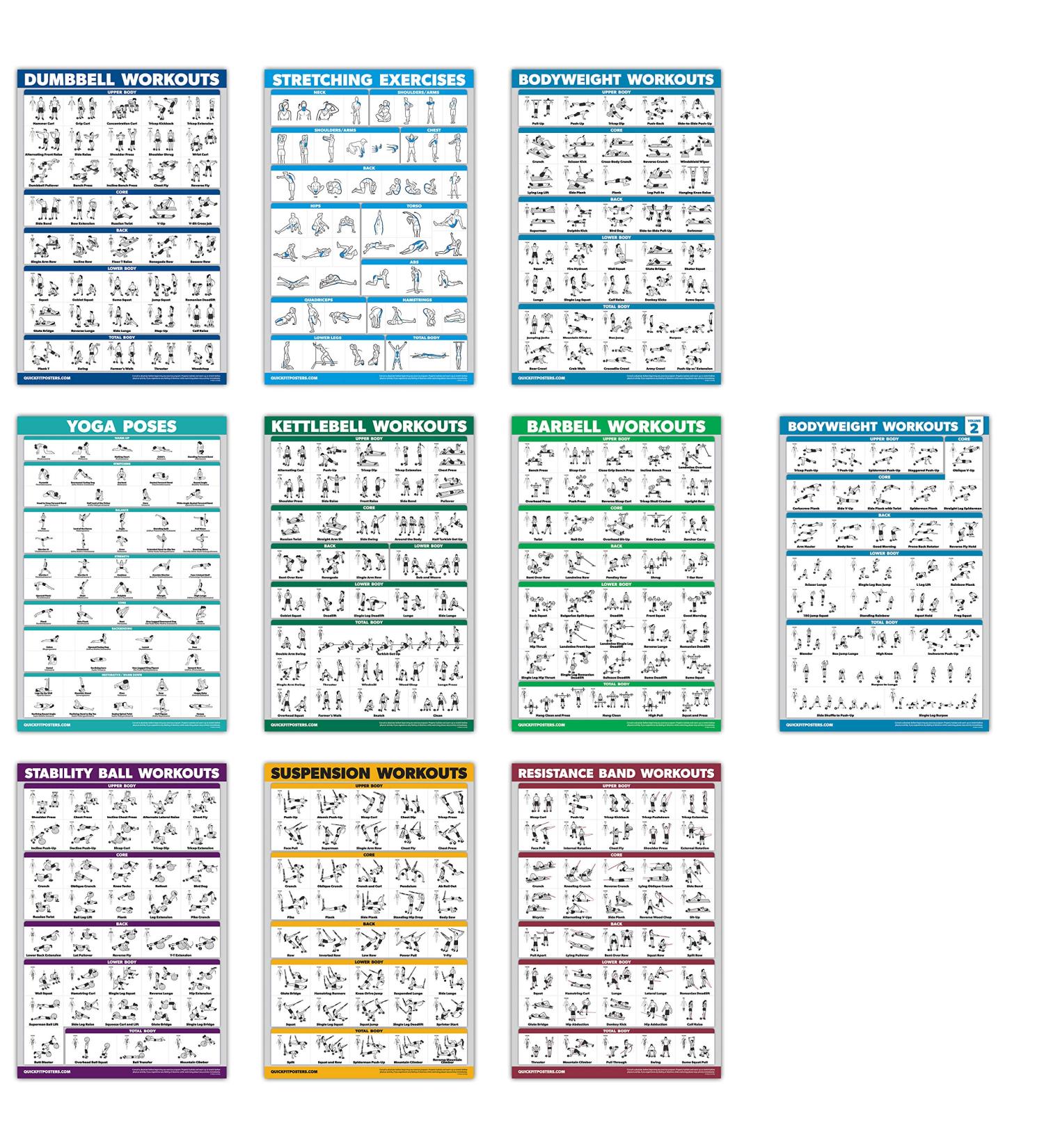 Quickfit Exercise Poster Set (Bodyweight Vol 1 & 2) - 10 Laminated Workout Posters for Hantel Suspension Kettlebell and More - Perfect for Home Gym Yoga & Stretching - Buy Online on GoSupps.com