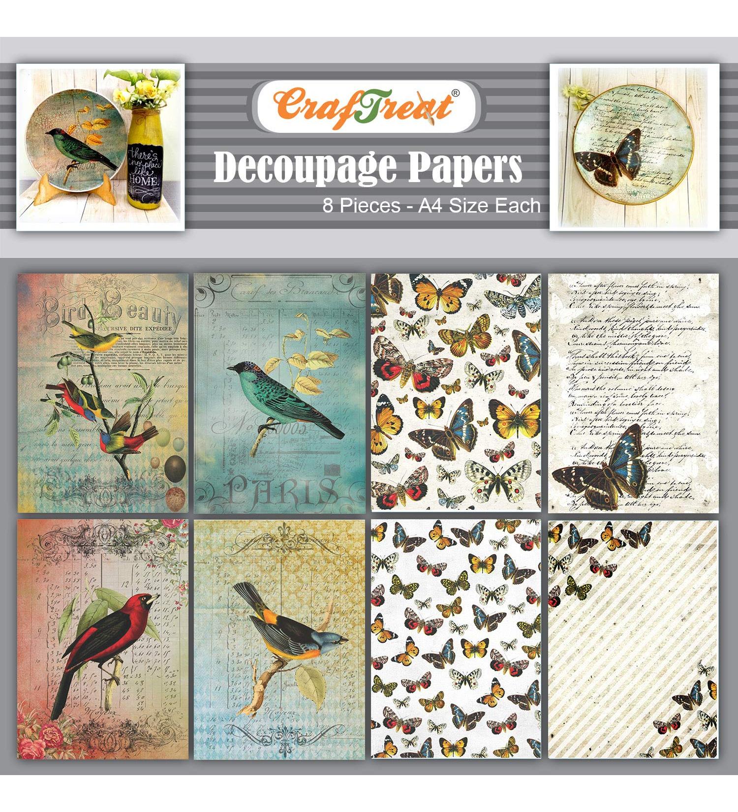 CrafTreat Bird and Butterfly Decoupage Paper - A4 Size - 8 Pcs Colorful Scrapbooking Paper for Crafts and Furniture - Buy Online on GoSupps.com