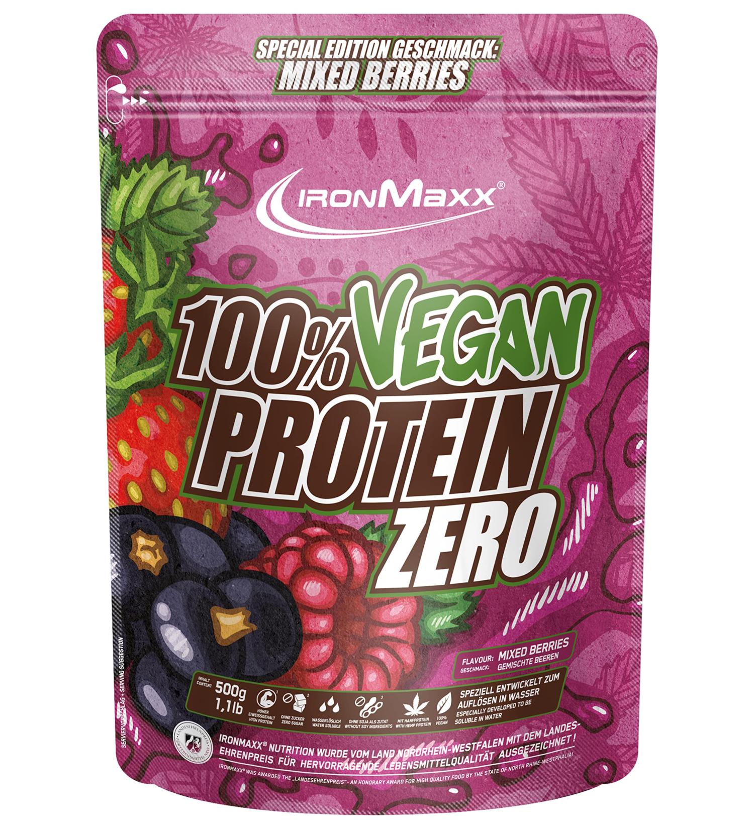 IronMaxx 100% Vegan Protein Zero - Vegan Protein Powder with 3 Protein Sources - Mixed Berries Flavour - 1 x 500g Bag - Buy Online on GoSupps.com