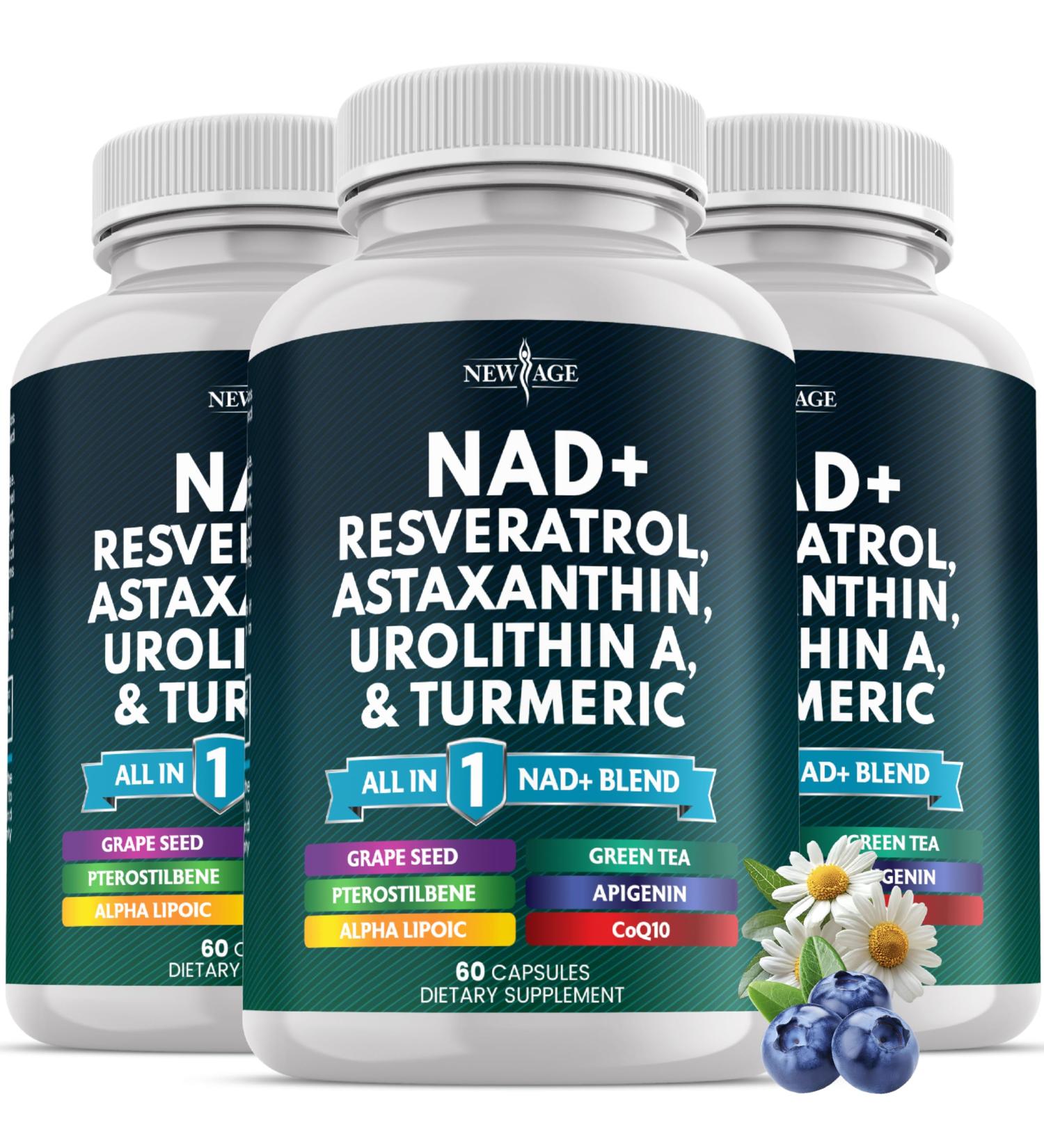 NEW AGE NAD+ Supplement - Astaxanthin, Urolithin A, Resveratrol, CoQ10 & Antioxidant Blend Cellular Energy, Mitochondrial Support Vegan, Non-GMO- 180 Count 60 Count (Pack of 3) - Buy Online on GoSupps.com