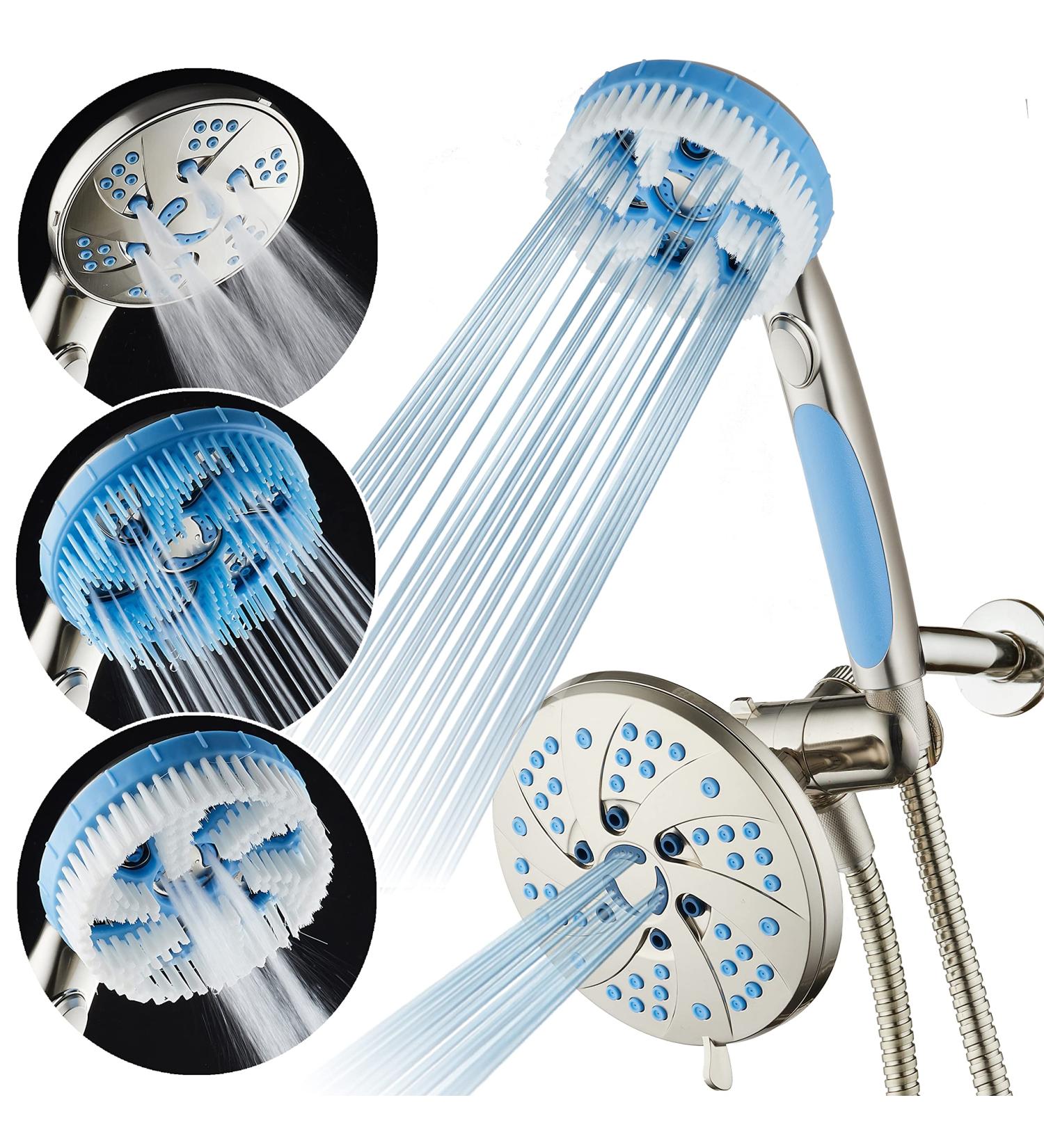 AquaCare 5-in-1 Aquassage High Pressure 76-mode Shower Head Combo with Hand Shower, Body Brush & Hair Brush - Satin Nickel Finish, Extra-long Stainless Steel Hose, Two Brackets Included - Buy Online on GoSupps.com