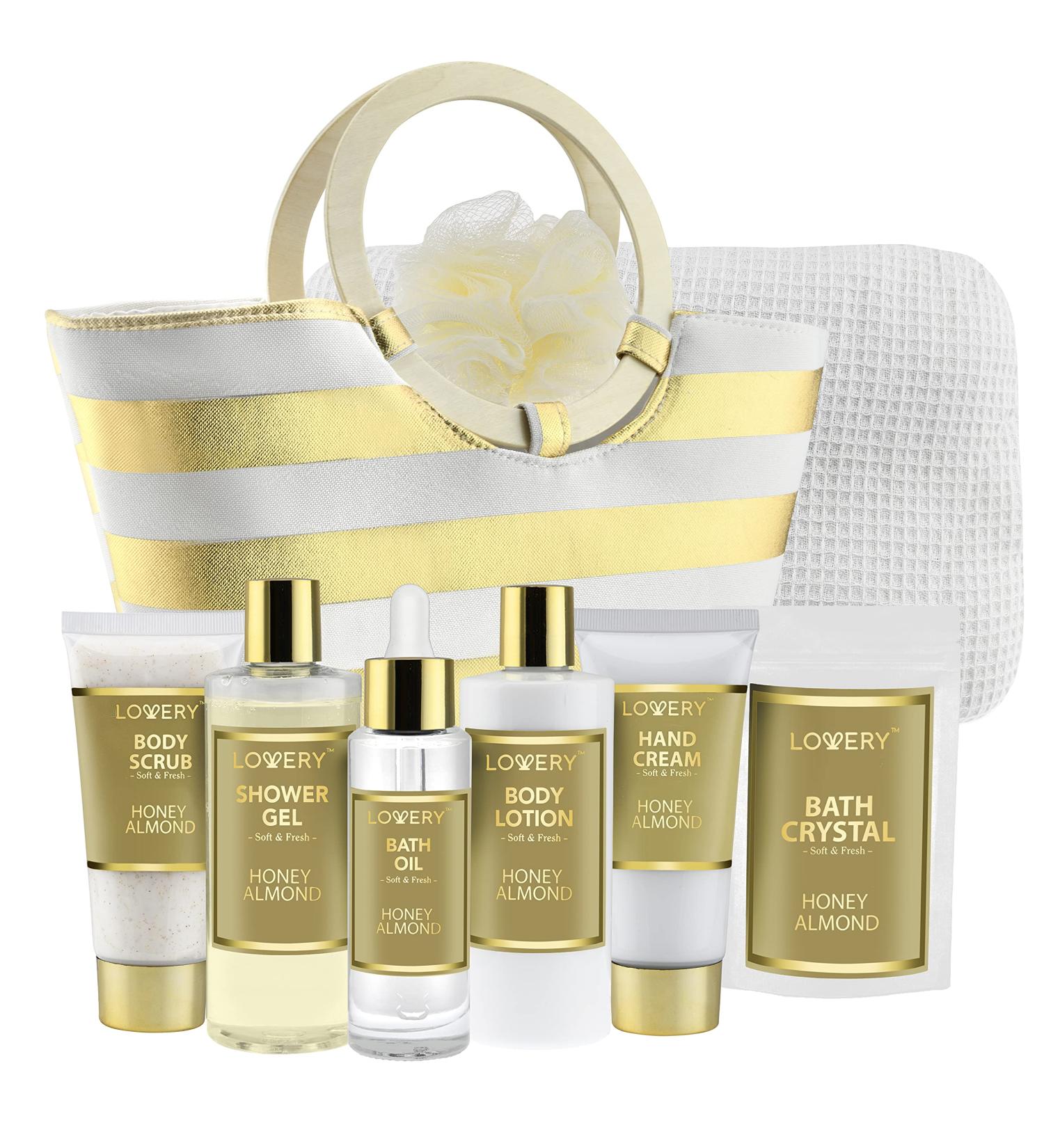 Fathers Day Home Spa Kit Gift Set - Honey Almond Bath Sets for Men & Women | Luxury Bath & Shower Package with Shower Gel, Body Lotion, Scrub, Hand Cream, Bath Pillow & More in Gift-Ready Tote Bag - Buy Online on GoSupps.com