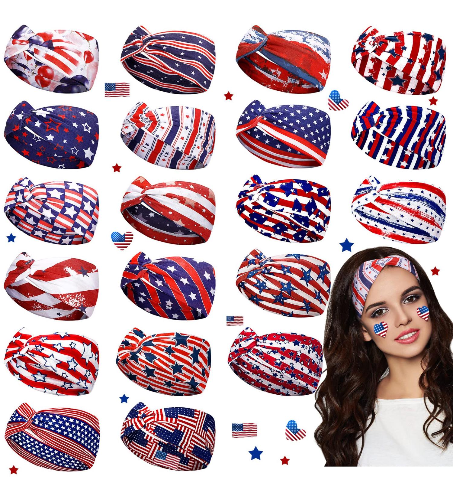 Patriotic American Flag Headband Set - 20 Pcs 4th of July Twisted Hair Bands for Women - USA Bandanas Stretchy Head Wraps for Independence Day Yoga & Running - Buy Online on GoSupps.com