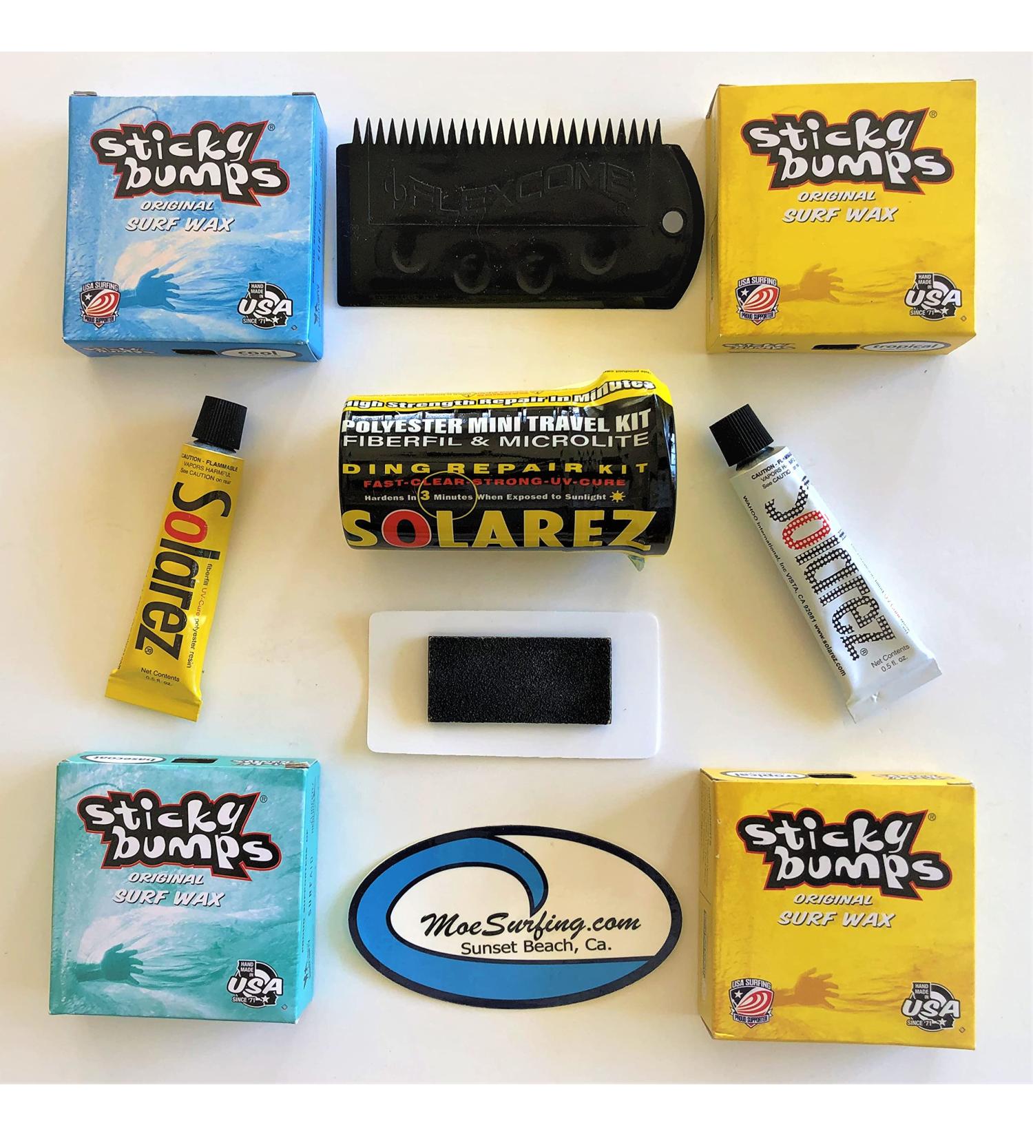 Sticky Bumps Wax & Solarez UV Cure Resin Ding Repair Kit + 2 Bars Tropical Wax - Base Coat, Cool Wax, Flexcomb - Board Maintenance Set - Buy Online on GoSupps.com