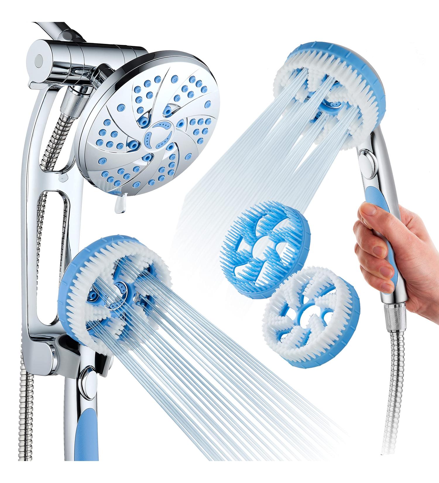 High Pressure 6-in-1 Aquassage by AquaCare - 76-mode 3-way Combo  Showerhead  Hand Shower  Body Brush  Hair Brush & Arm in One! Two Brackets  Extra-long 6 foot Stainless Steel Hose  Brush Head Holder All-chrome - Buy Online on GoSupps.com