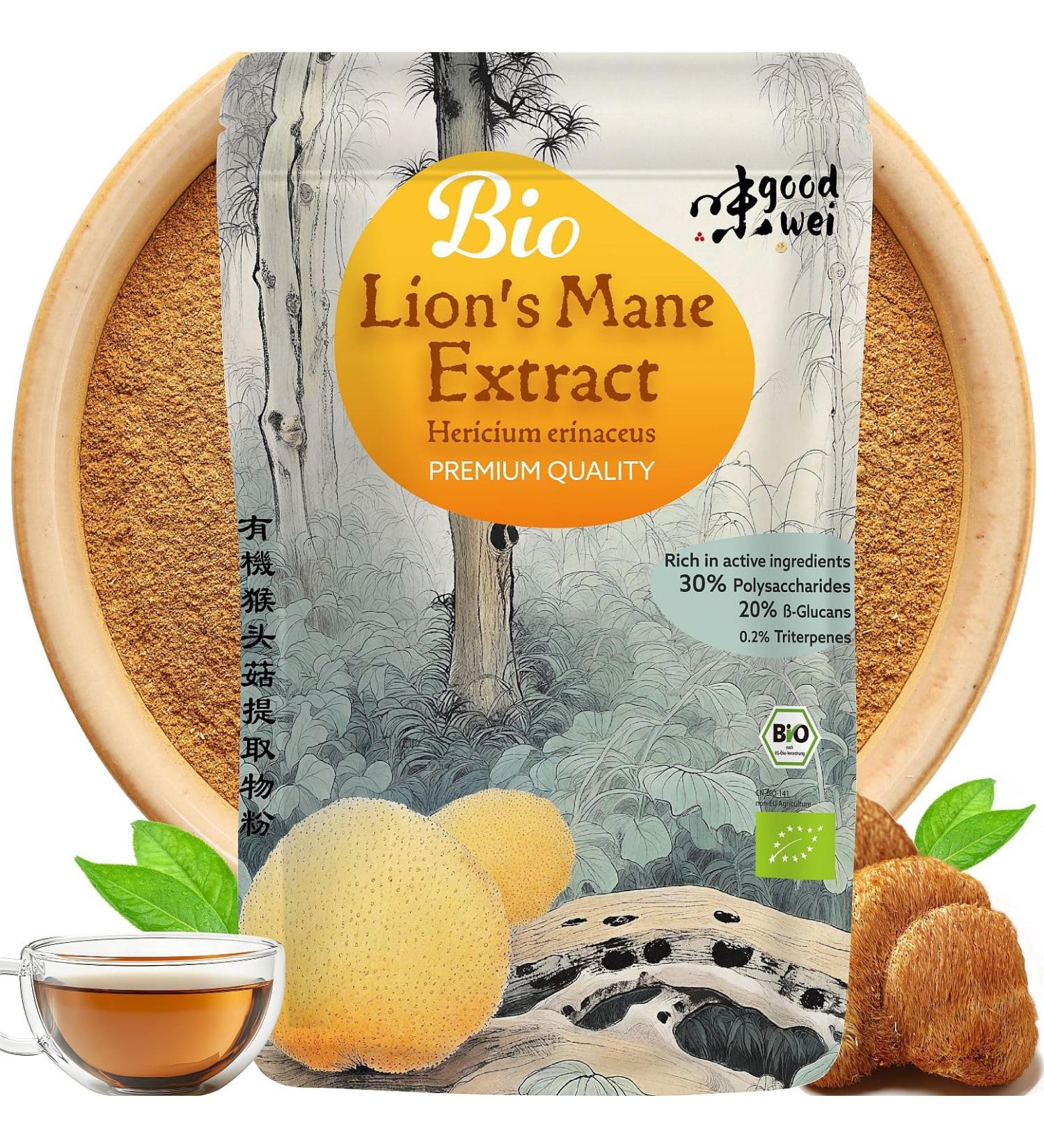 Lions Mane Extract Organic (Hericium Erinaceus) | Lions Mane - Concentration&Memory | 30% Polysaccharides 20% Beta Glucan 100g powder - Buy Online on GoSupps.com