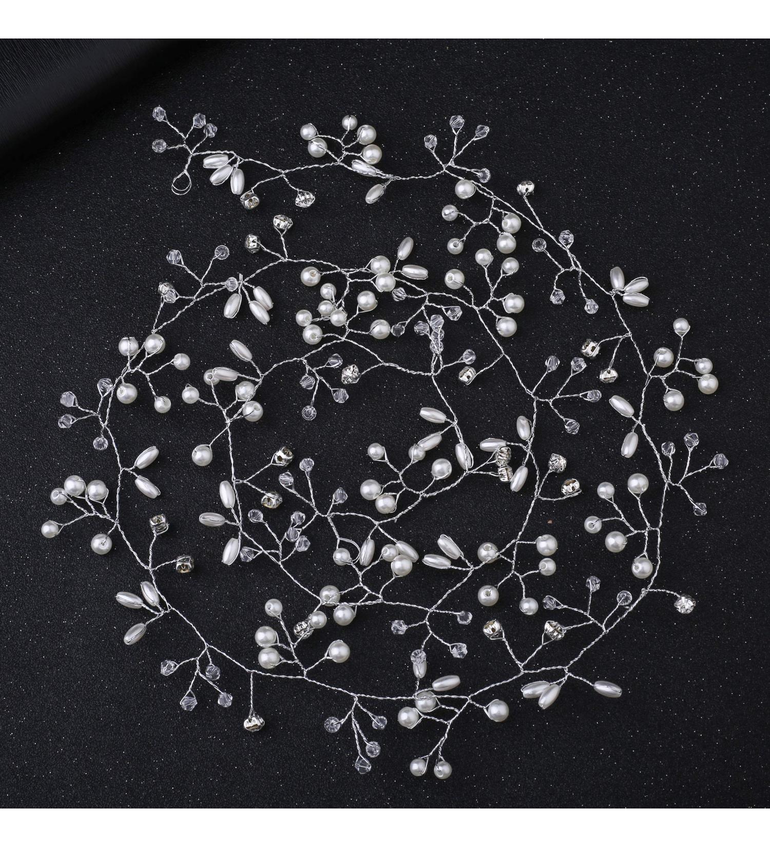Fanvoes Silver Pearl Wedding Hair Vine Headband with Rhinestone Crystal Ivory Bead - 40'' Inch - Bridal Hair Accessories - Buy Online on GoSupps.com