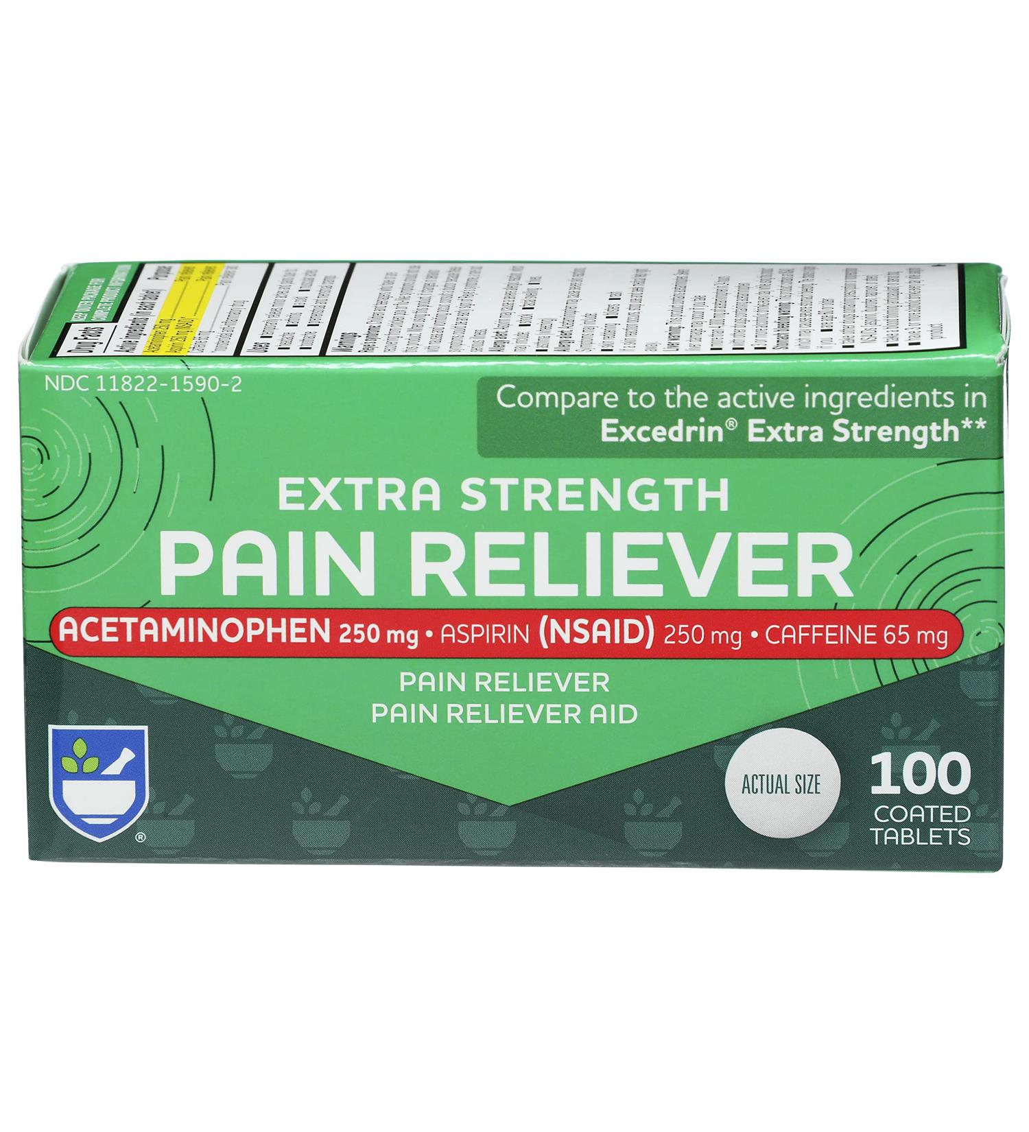 Rite Aid Extra Strength Pain Reliever 250mg Acetaminophen + 250mg Aspirin + 65mg Caffeine - 100 Tablets | NSAID Anti-Inflammatory | Migraine Relief - Buy Online on GoSupps.com