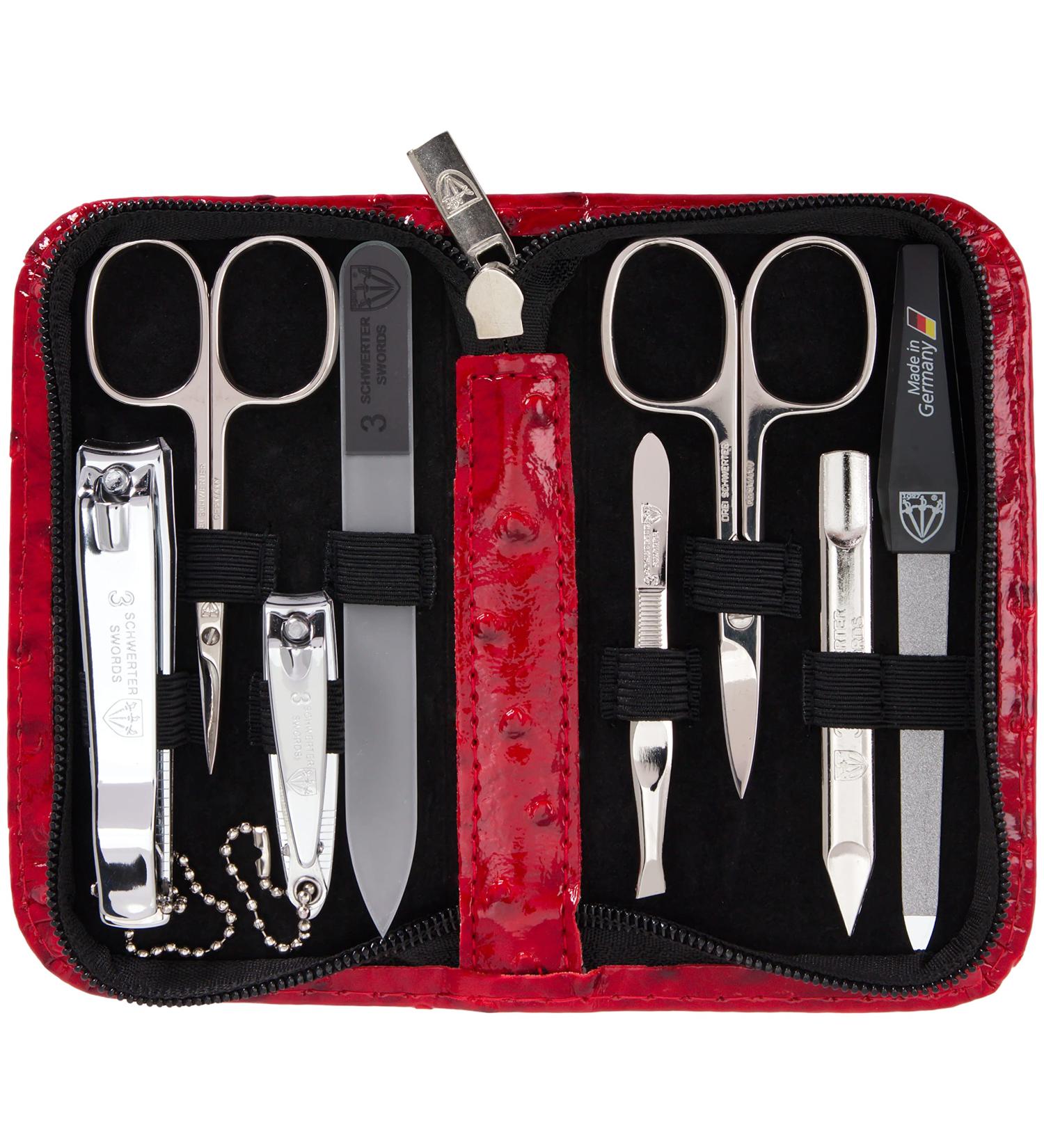 Three Swords 8 pcs Manicure Set 'Roma' | High-Quality Ostrich Leather Imitation Nail Case | Complete Nail Care Tools - Scissors Clippers Tweezers Glass & Sapphire Files - Buy Online on GoSupps.com