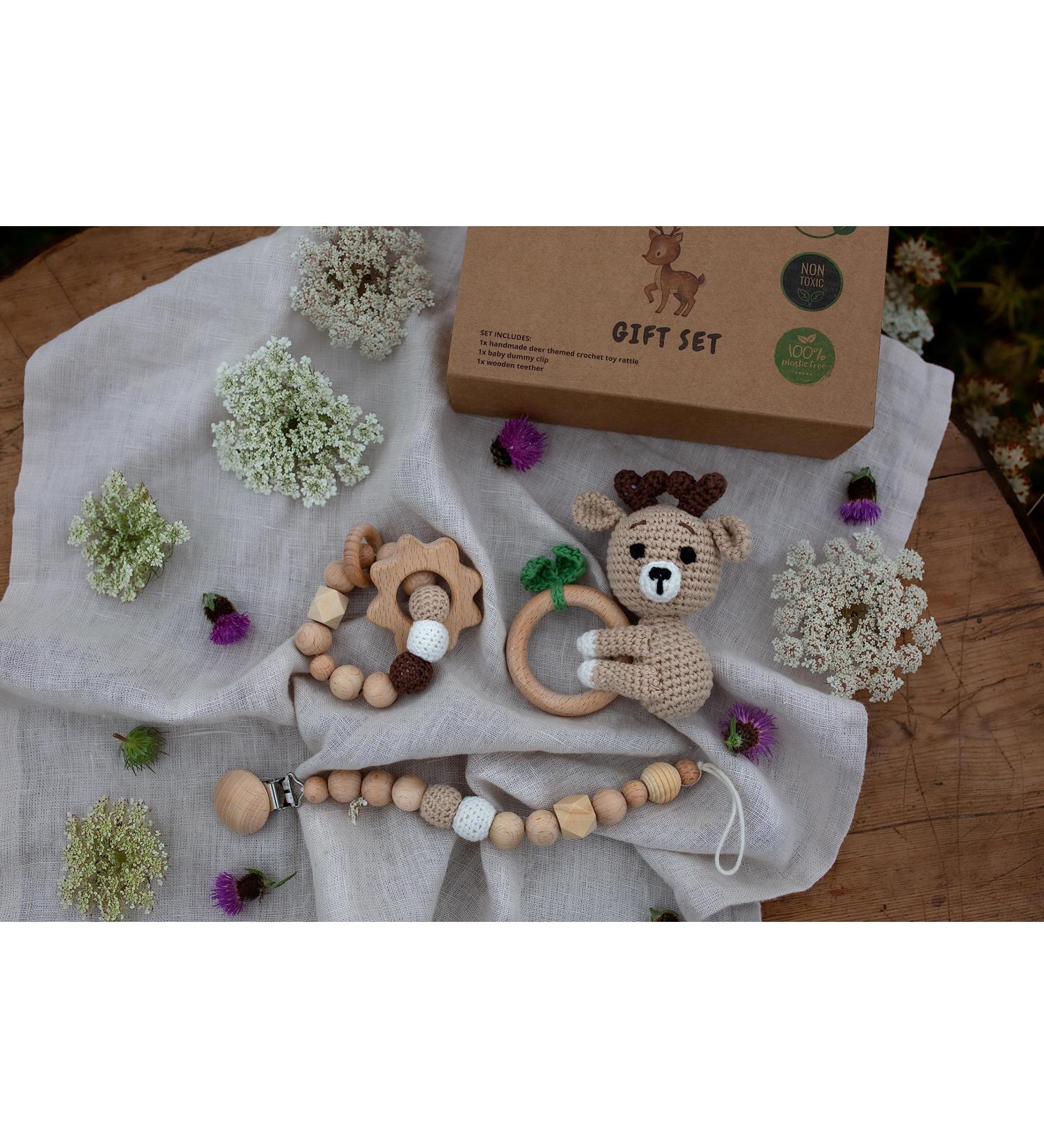 Vintage New Baby Gift Set with Crochet Rattle (Deer/Elk) | Newborn Baby Shower Gift Box for Boy and Girl - Buy Online on GoSupps.com