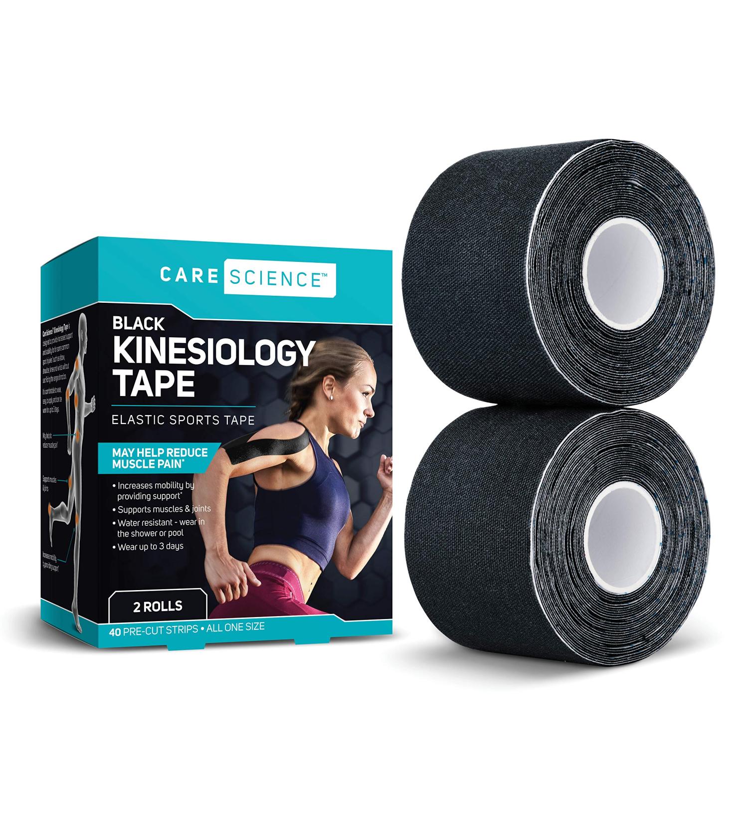 Care Science Waterproof Kinesiology Tape 40 ct Precut Strips (2 Rolls) Black | Elastic Sports & Weightlifting Tape | Supports Muscles & Joints | Water Resistant - Buy Online on GoSupps.com
