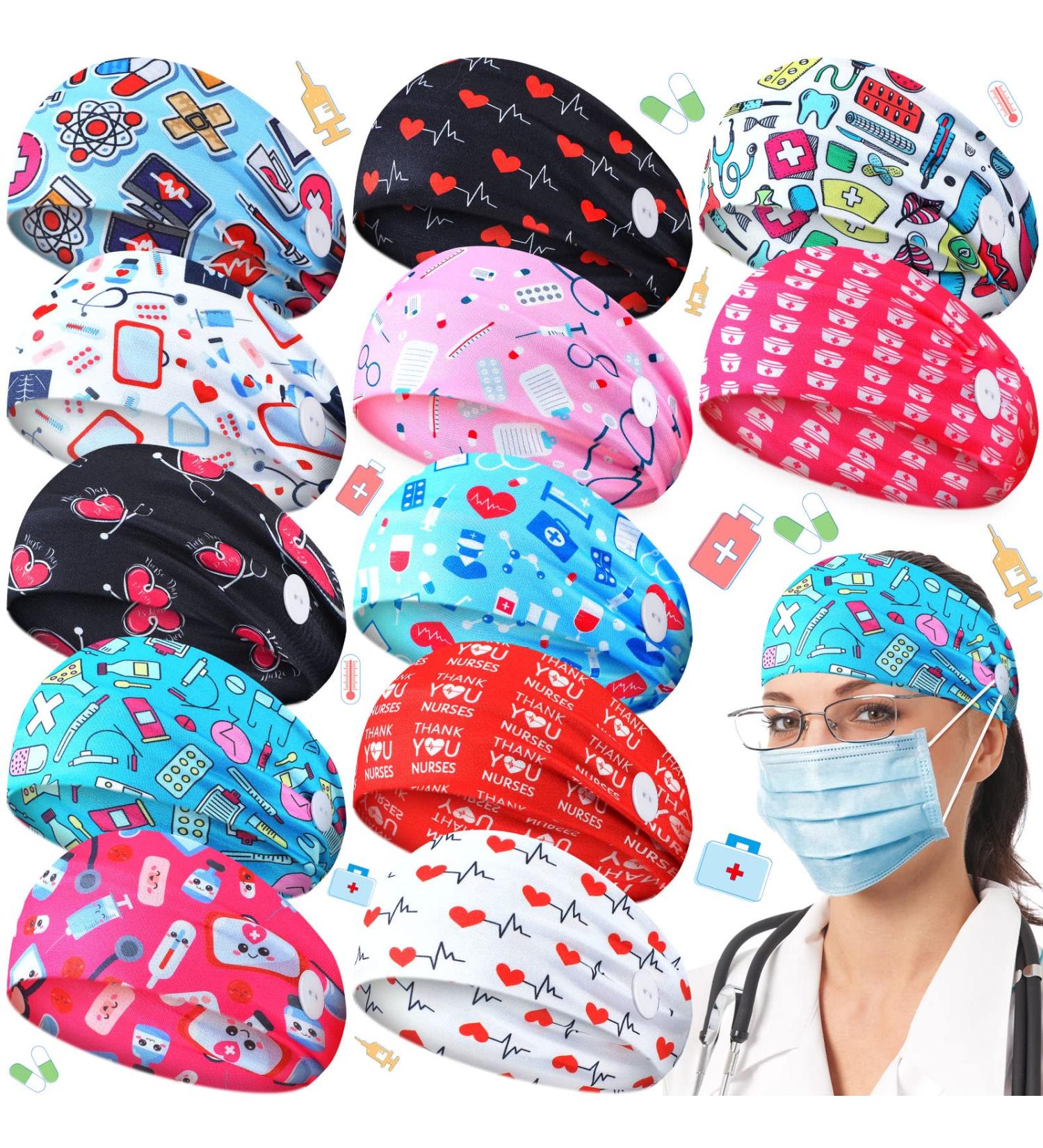 Jexine Nurse Headbands with Buttons - 12 Non Slip Wide Headbands for Women - Elastic Ear Protection for Nurses - Perfect Nurse's Day Gift - Buy Online on GoSupps.com