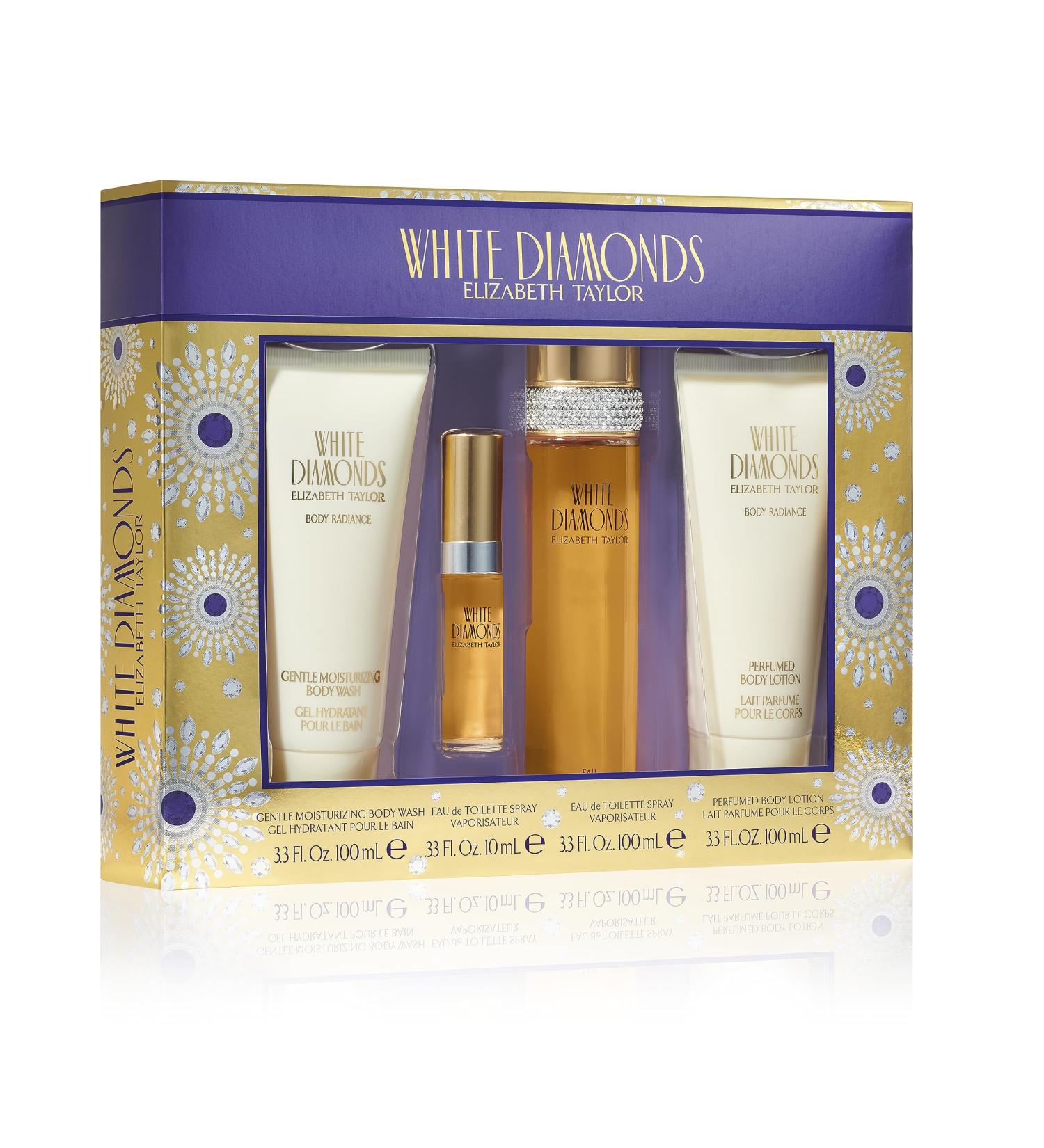 Elizabeth Taylor White Diamonds 4-Piece Set for Women (3.3 Oz Eau De Toilette Spray+ 0.33 Oz Eau De Toilette + 3.3 Oz Body Lotion + 3.3 Oz Body Wash) 2.56 Fl Oz (Pack of 4)