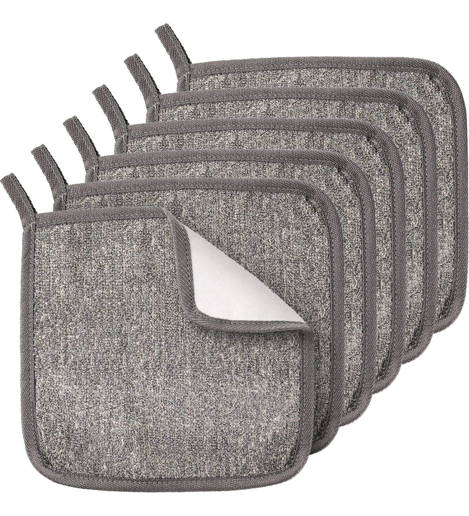 6 Piece Exfoliating Bamboo Washcloth Towel Set - Dual Sided Face and Body Scrub Cloths - Soft Weave for Shower and Bath - 20x20cm - Gray and White - Buy Online on GoSupps.com