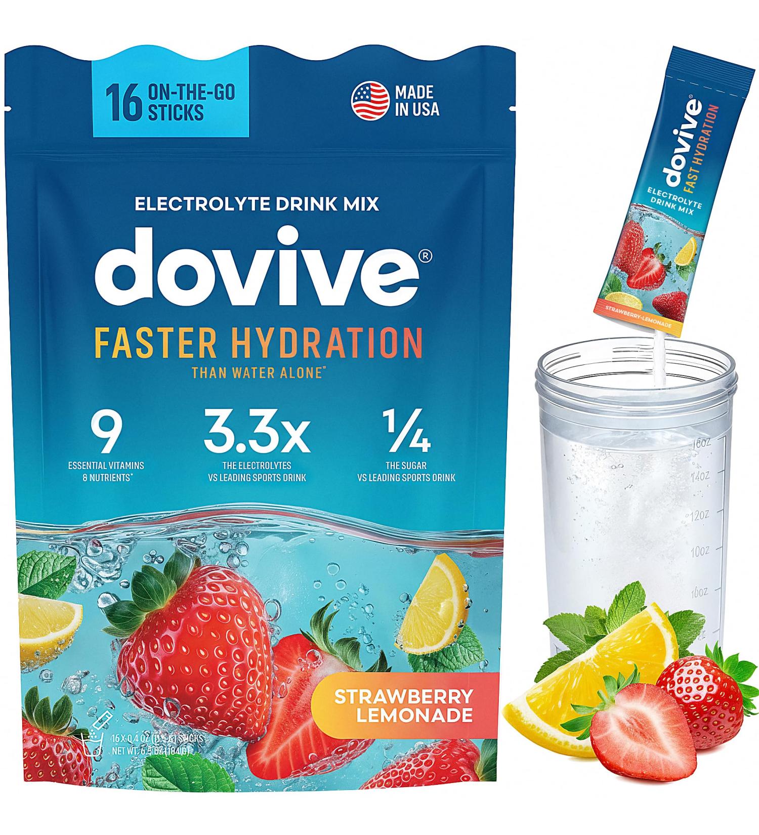DOVIVE Electrolyte Drink Mix | 16 Instant Hydration Packets w/ 920mg Hydrate Electrolytes | Low-Sugar (7g) Electrolytes Hydration w/Vitamins C B3 B5 B6 B12 Na Ca Mg K Zn Strawberry Lemonade - Buy Online on GoSupps.com