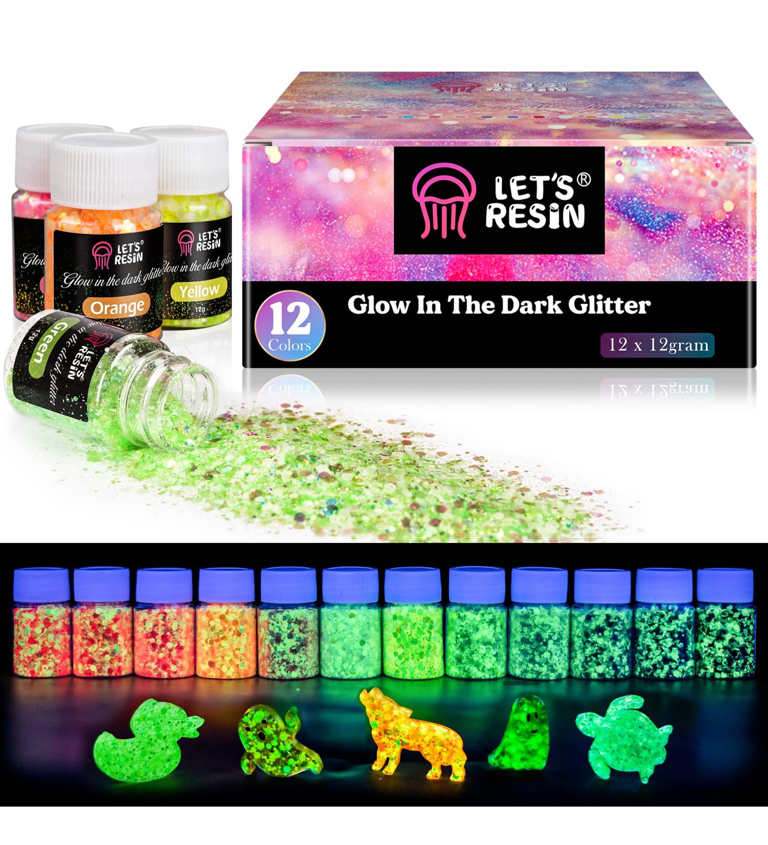 LET'S RESIN Glow in The Dark Chunky Glitter - 12 Colors | 0.42oz/Bottle High Luminance Cosmetic Grade Glitter for Resin, Nails, Skin, Slime & More - Halloween Blue - Buy Online on GoSupps.com