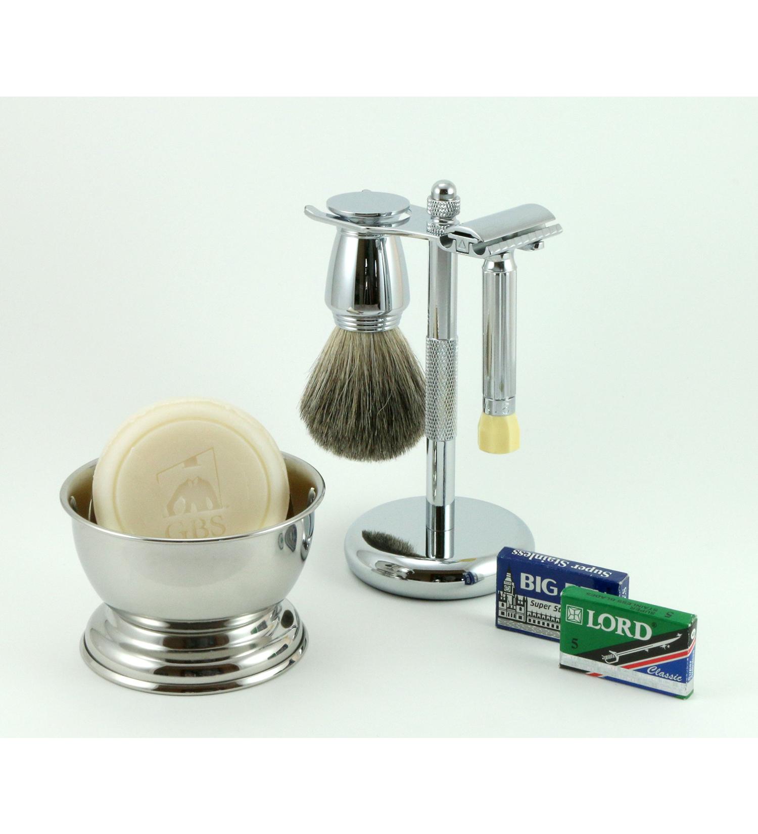 G.B.S Men's Classic Shaving Set - Safety Razor Chrome Bowl Badger Brush & Natural Soap - Premium Grooming Kit for Perfect Shave - Buy Online on GoSupps.com