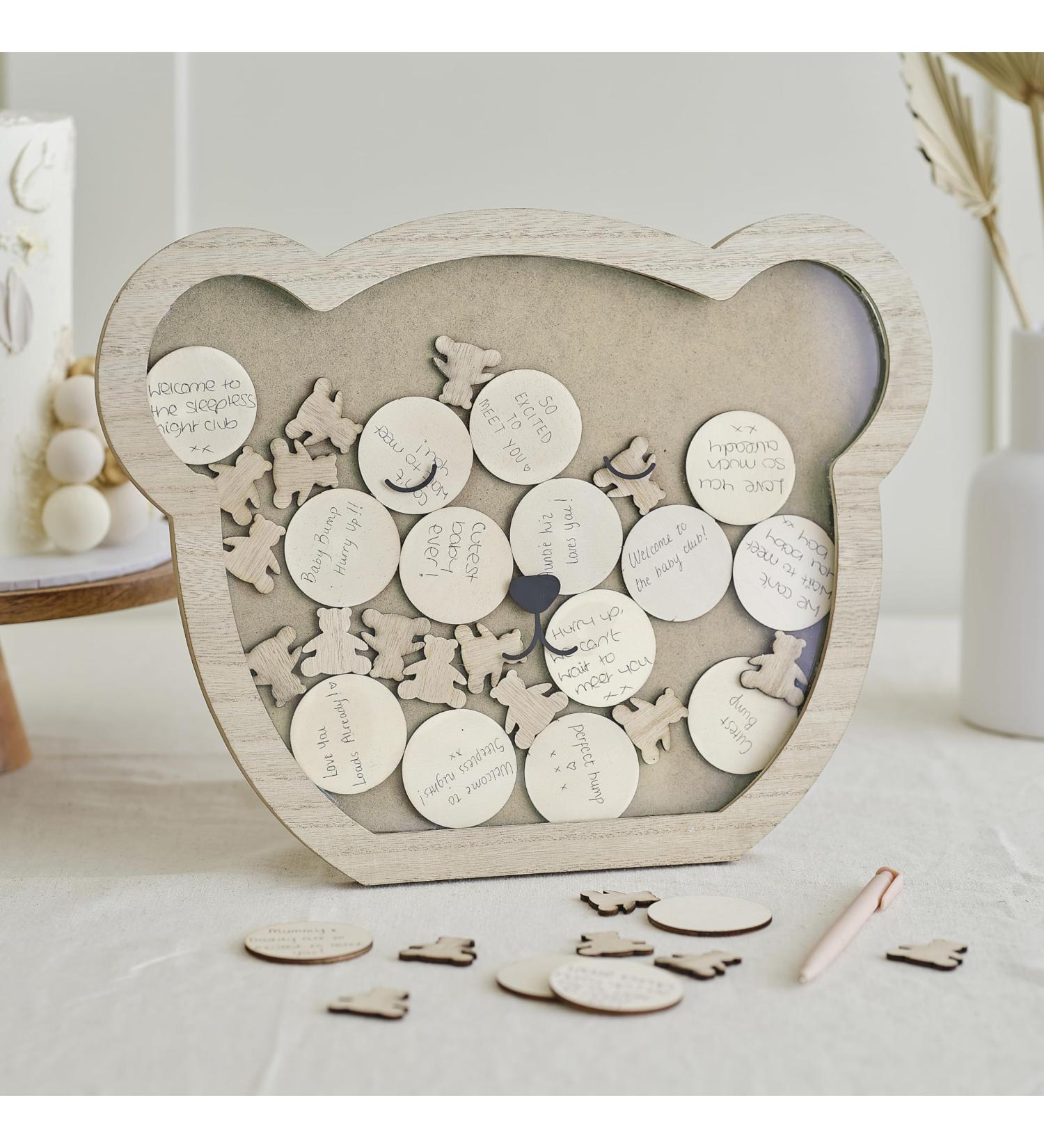 Ginger Ray Teddy Bear Baby Shower Guest Book - Drop Top Frame & 32 Wooden Stamps - Neutral Decor for Unique Celebrations - Buy Online on GoSupps.com