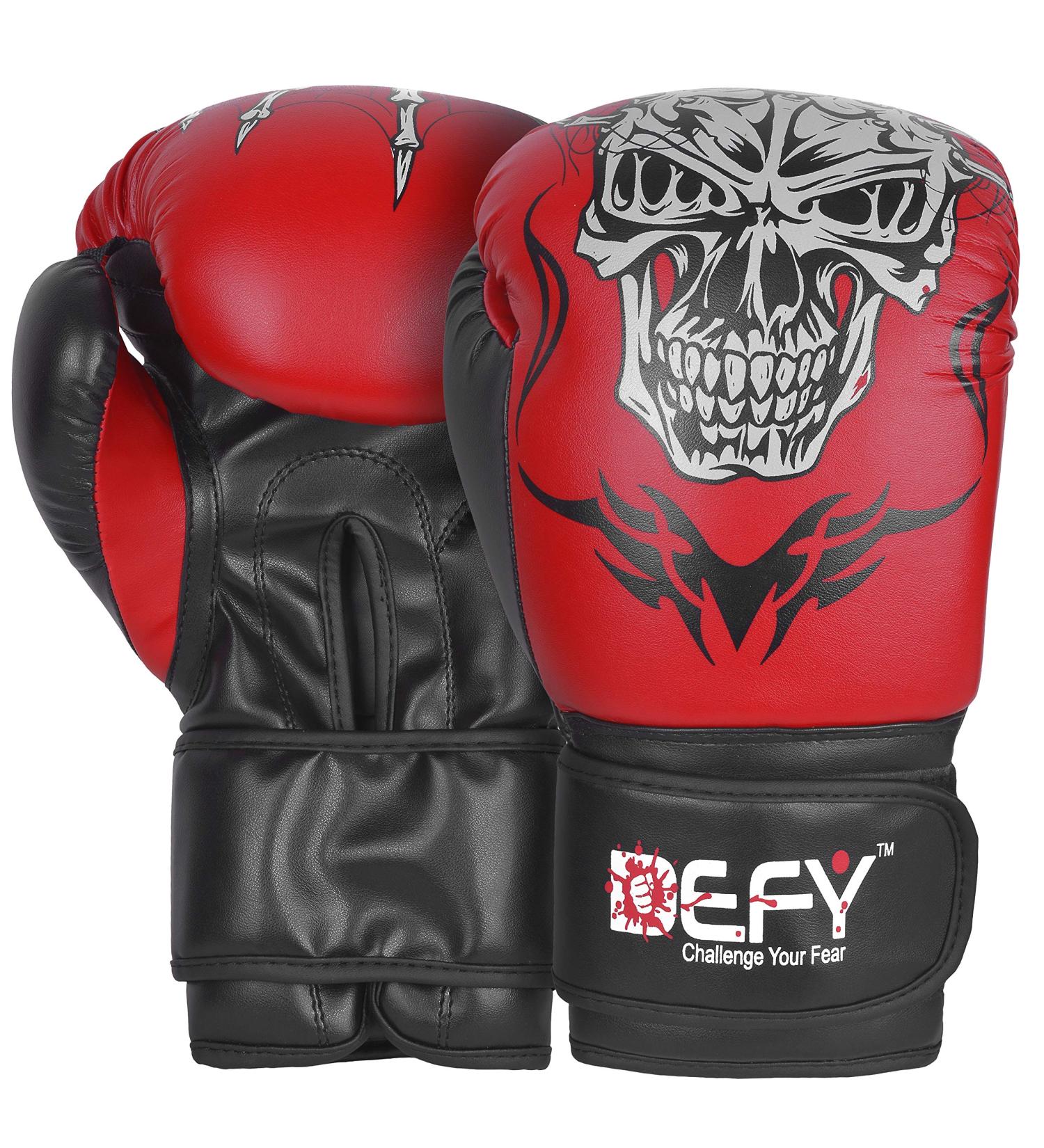 Defy Sports Premium Faux Leather Kickboxing Gloves | Gel Infused with Thumb Support | Skull Design Red 10 oz | Men and Women - Buy Online on GoSupps.com