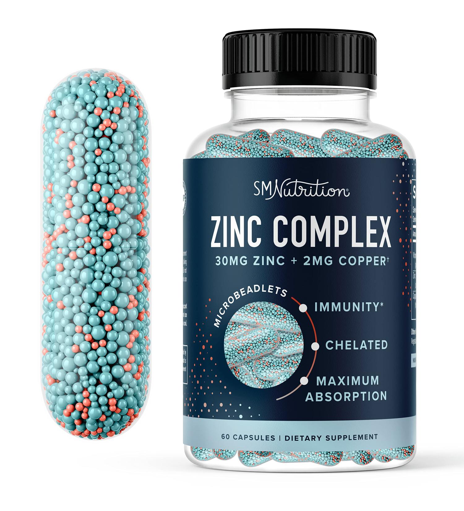 Zinc 30mg Microbeadlets with Copper | Vegan Gluten-Free Zinc Bisglycinate & Orotate | Acne Support Supplements - 60 Capsules - Buy Online on GoSupps.com