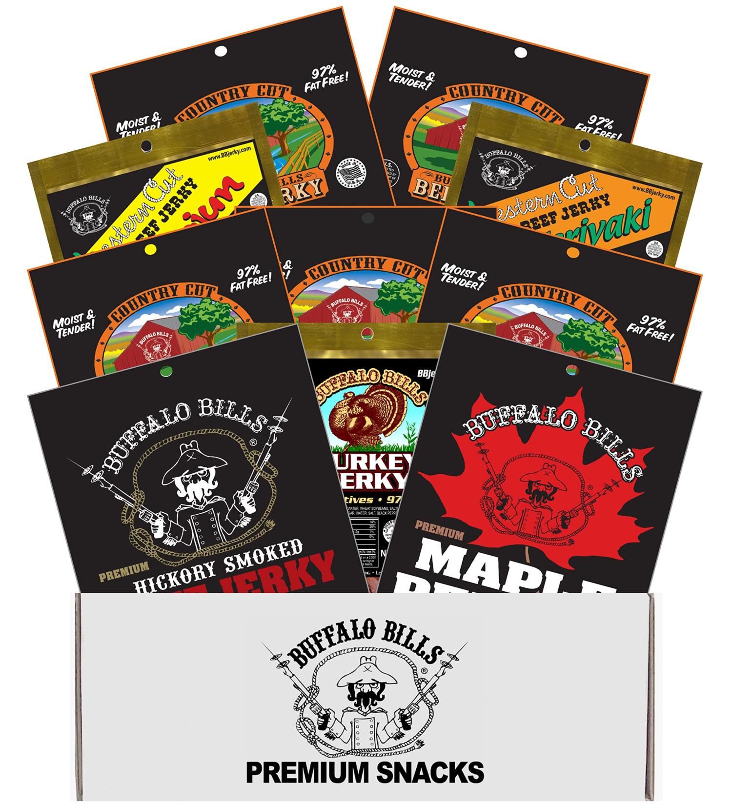 Buffalo Bills 10-Piece Assorted Jerky Sampler Gift Box (10 packs of assorted jerky) - Buy Online on GoSupps.com