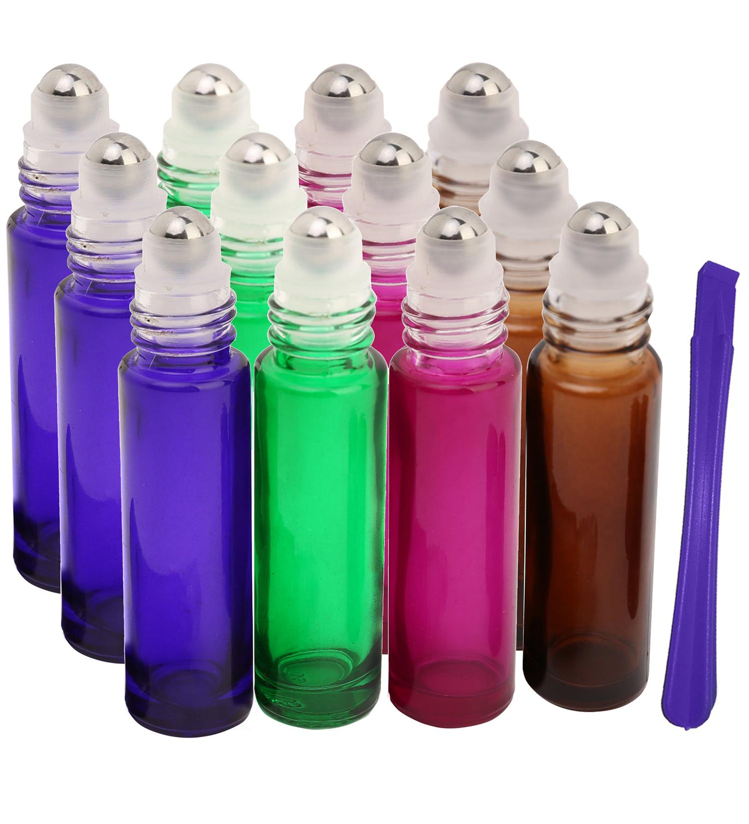 12Pcs 10ml Glass Roller Bottles with Stainless Steel Roller Ball - Refillable Essential Oil Roll on Bottles with Lid Opener Pry Tool Great for Aromatherapy Perfumes and Lip Balms by JamHooDirect - Buy Online on GoSupps.com