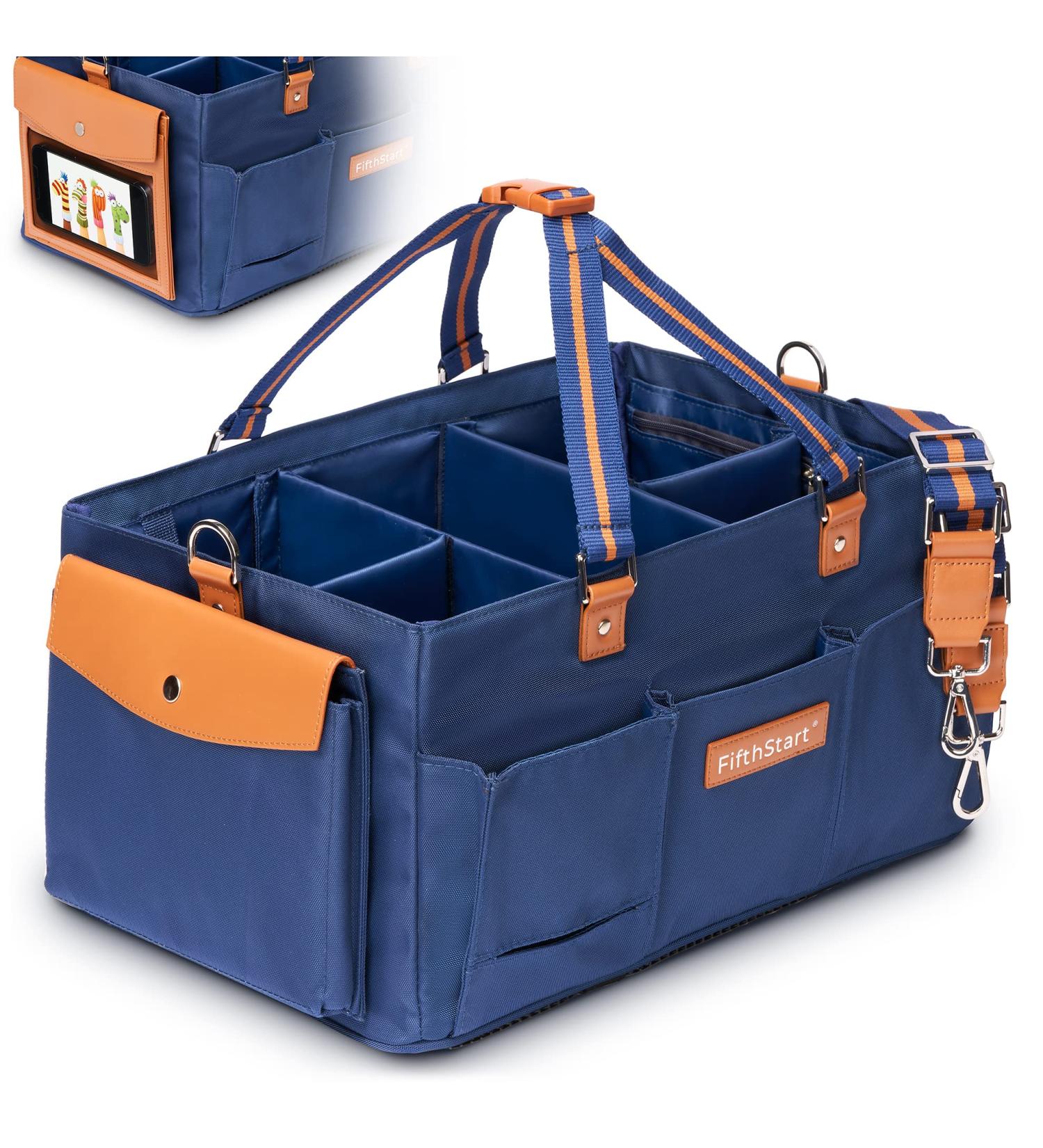 Waterproof Diaper Caddy with Shoulder Strap - Baby Diaper Organizer with Entertainment Pouch - Blue Canvas Fabric - Easy Clean Diaper Caddy with Multiple Compartments - Buy Online on GoSupps.com