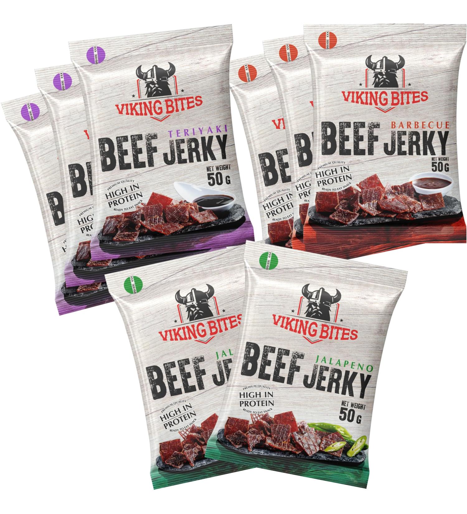 Viking Bites Beef Jerky Mixed Box 400g (8 x 50g) 3x Barbecue 3x Teriyaki 2x Jalapeno Dried Beef High-Protein Meat Snack - Buy Online on GoSupps.com