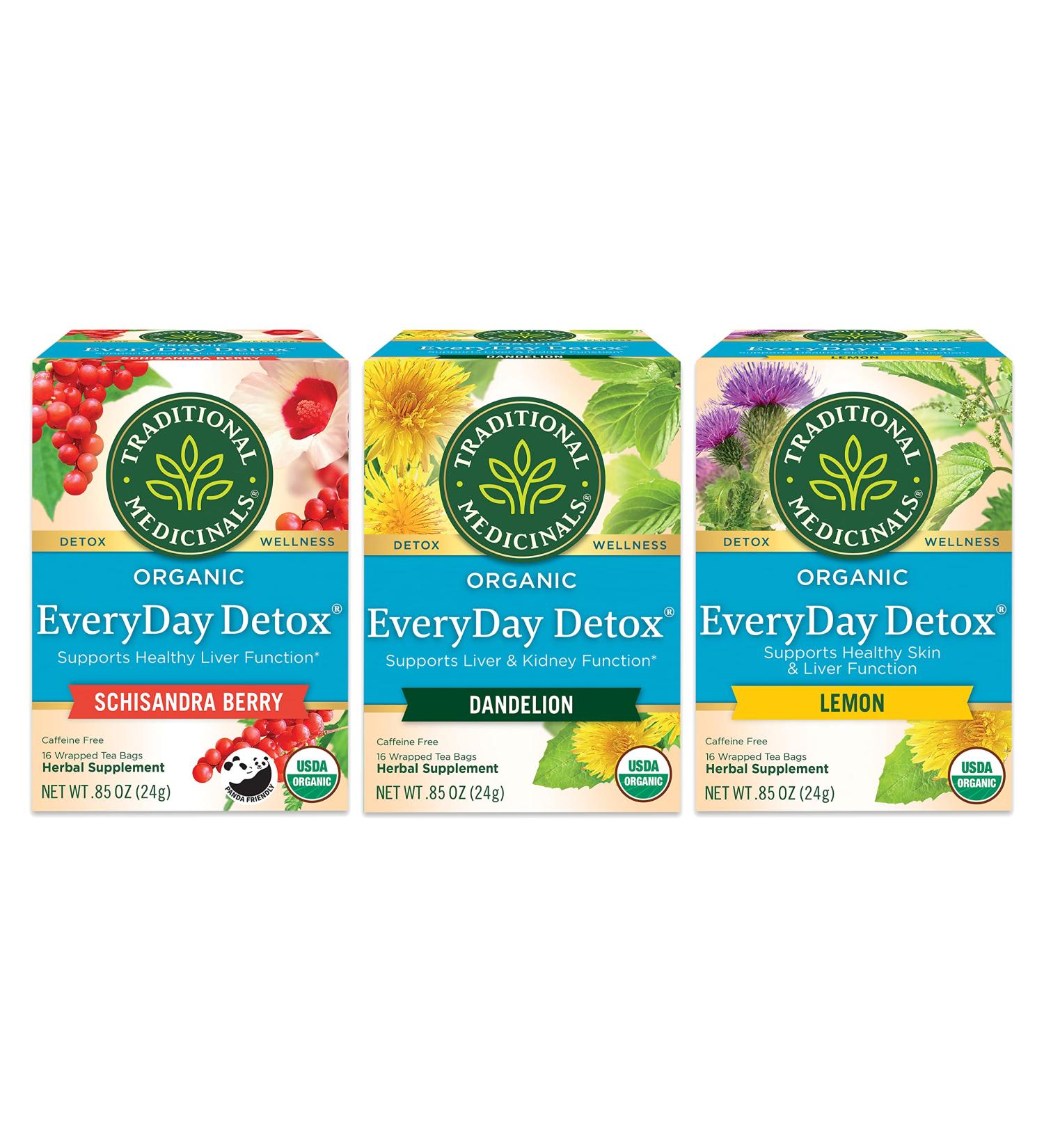 Traditional Medicinals Organic Everyday Detox Tea Sampler - Schisandra Berry, Dandelion, Lemon - 16 Tea Bags Per Box (3 CT) - Buy Online on GoSupps.com